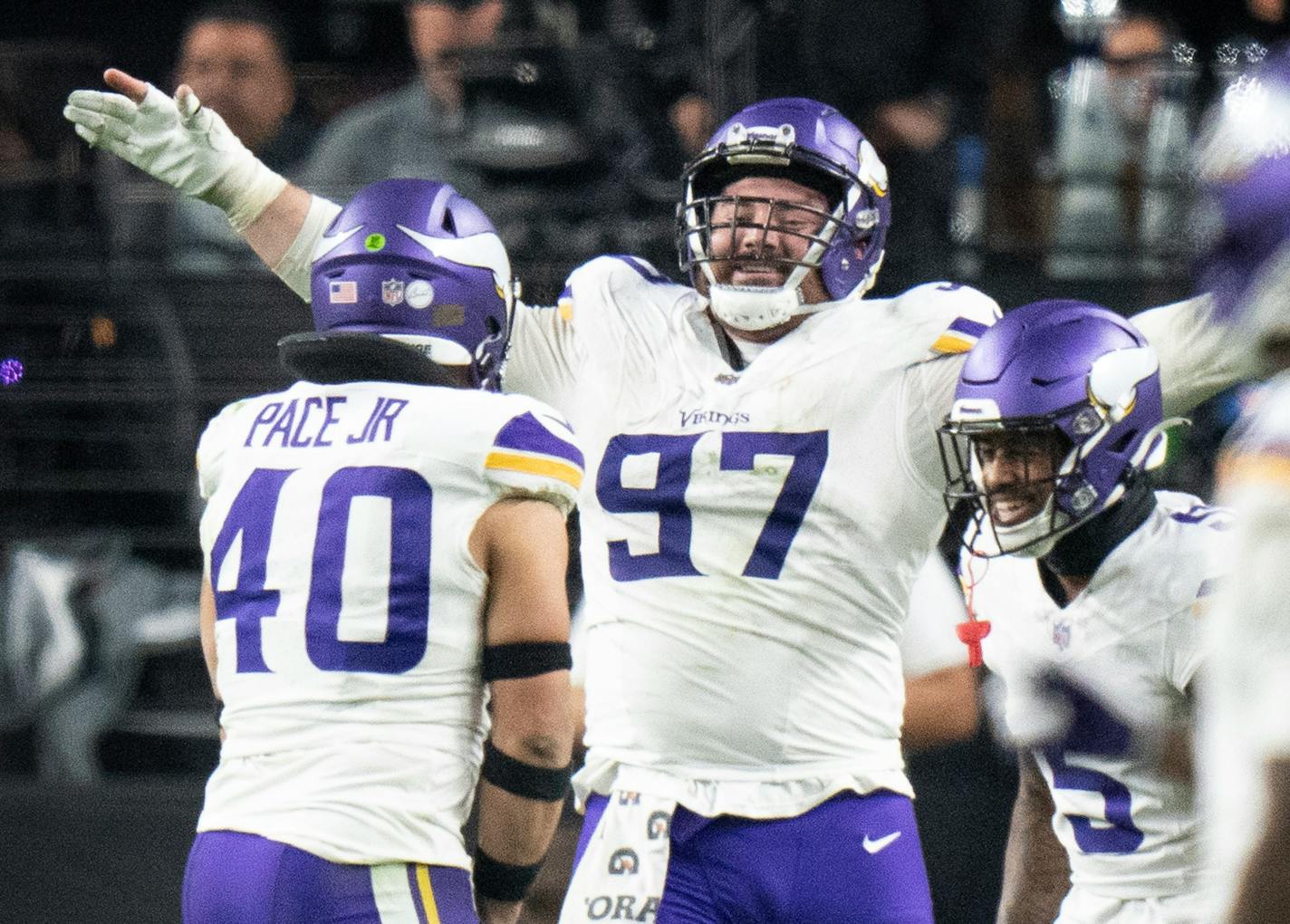 Minnesota Vikings linebacker Ivan Pace Jr. (40) celebrated his fourth quarter interception with defensive tackle Harrison Phillips (97) and cornerback Mekhi Blackmon (5)Sunday December ,10 ,2023 in,Las Vegas, Nev. ] JERRY HOLT • jerry.holt@startribune.com