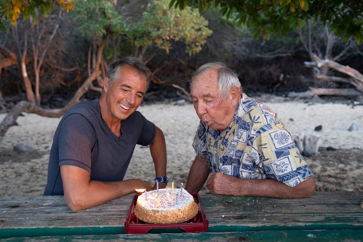 Credit: David McLain. Dan Buettner celebrated the birthday of his frequent traveling partner and dad, Roger, while on the road researching in Hawaii.