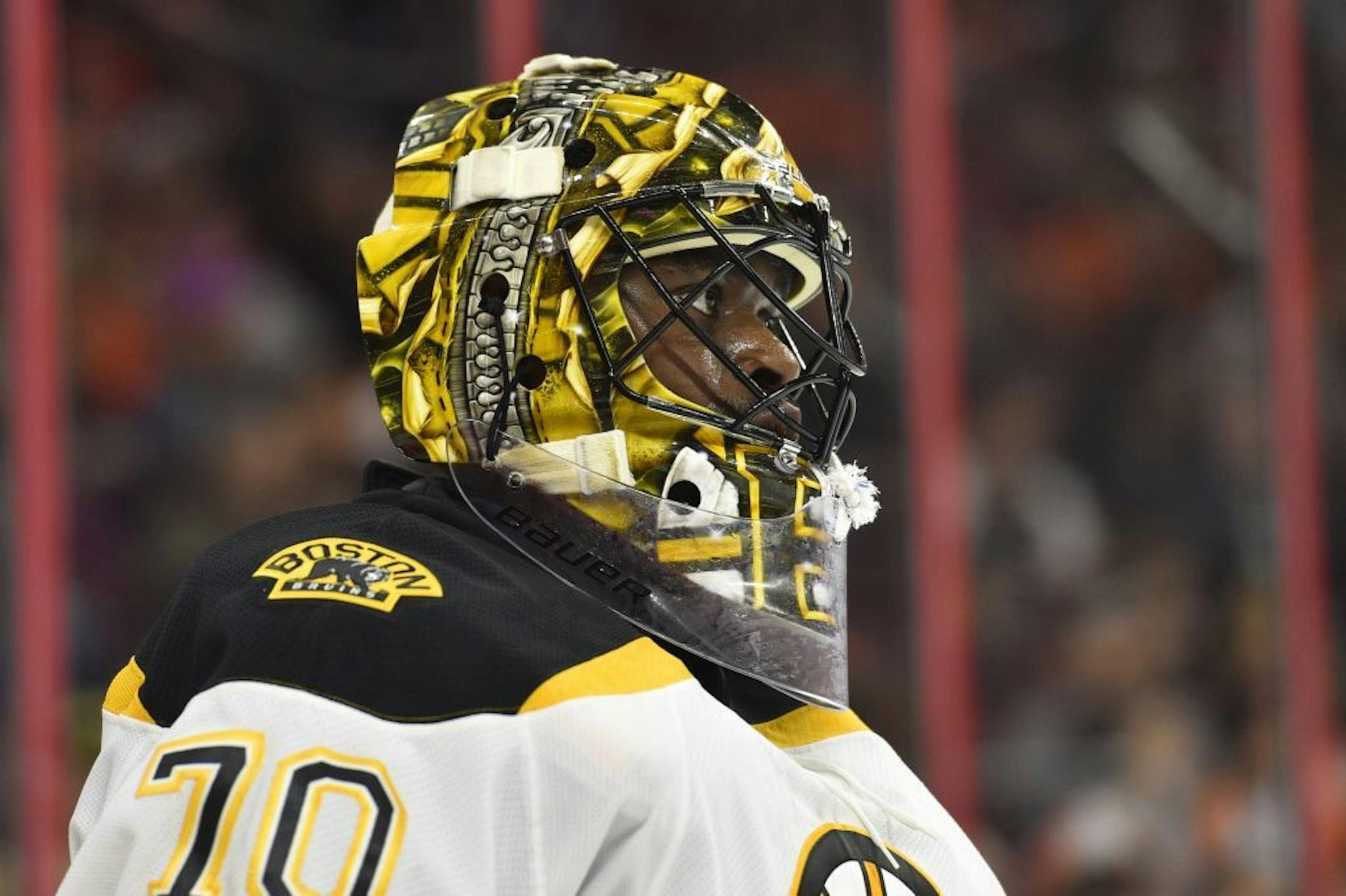 Boston Bruins goalie Malcolm Subban in action during a preseason NHL hockey game against the Philadelphia Flyers, Saturday, Oct. 1, 2016, in Philadelphia.