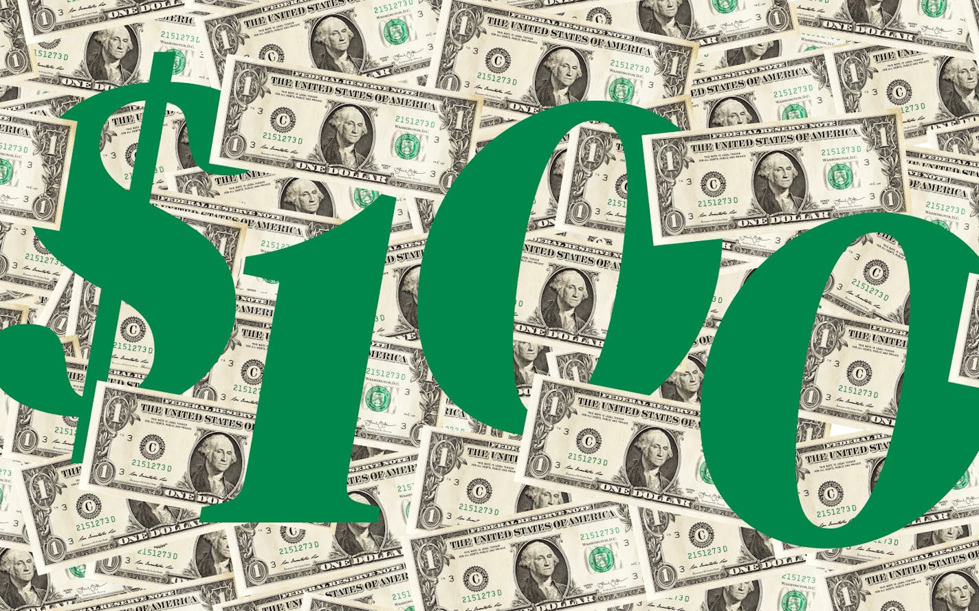 Green number $100 nestled by dollar bills