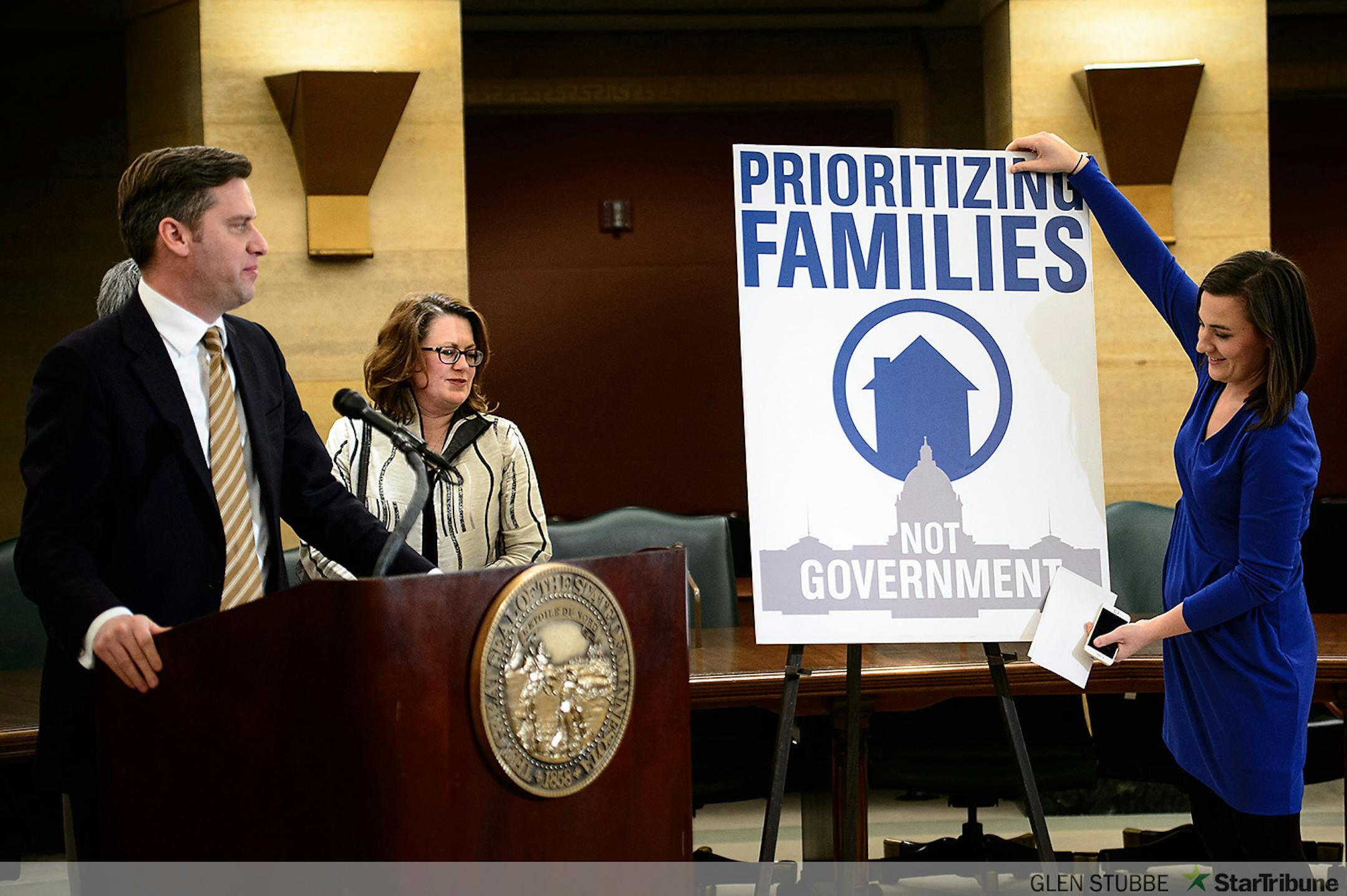 House Speaker Kurt Daudt  called on the governor to return most of the surplus to taxpayers and end the call for a gas tax to fund transportation improvements.        ] GLEN STUBBE * gstubbe@startribune.com Friday, February 27, 2015