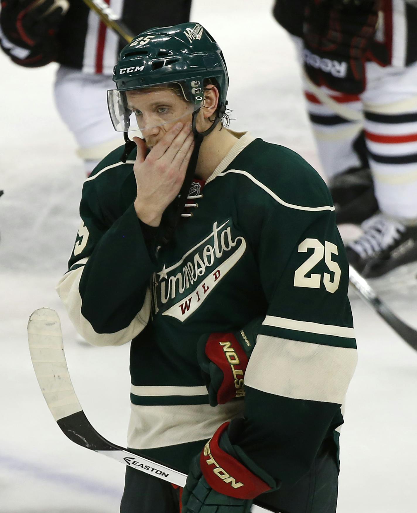 Minnesota Wild defenseman Jonas Brodin (25) was dejected after the Wild's 4-3 loss to Chicago Thursday night. ] CARLOS GONZALEZ cgonzalez@startribune.com, May 7, 2015, St. Paul, MN, Xcel Energy Center, NHL, Minnesota Wild vs. Chicago Blackhawks, Game 4, Stanley Cup Playoffs, Round 2