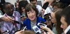 FILE -- Sen. Susan Collins (R-Maine) speaks to reporters on Capitol Hill in Washington, June 22, 2017. The Senate bill to repeal the Affordable Care A