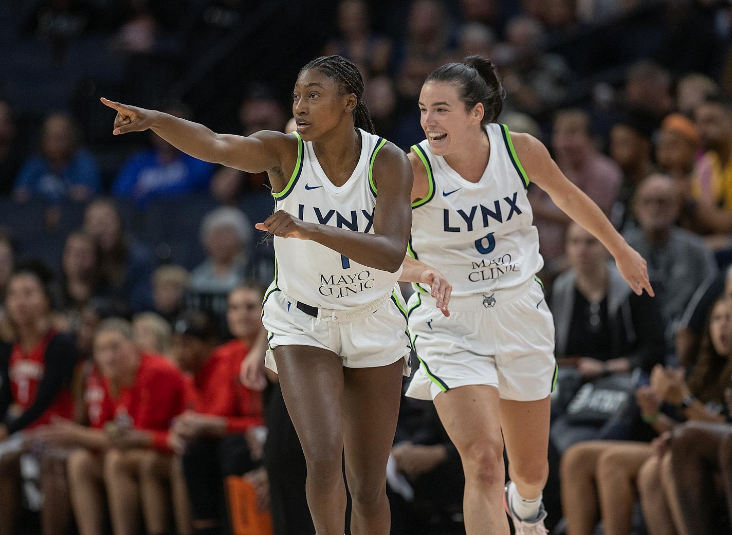 Minnesota Lynx guard Diamond Miller (1) reacts after hitting a three-pointer during the second quarter at the Target Center in Minneapolis, Minn., on Saturday, July 22, 2023. ] Elizabeth Flores • liz.flores@startribune.com