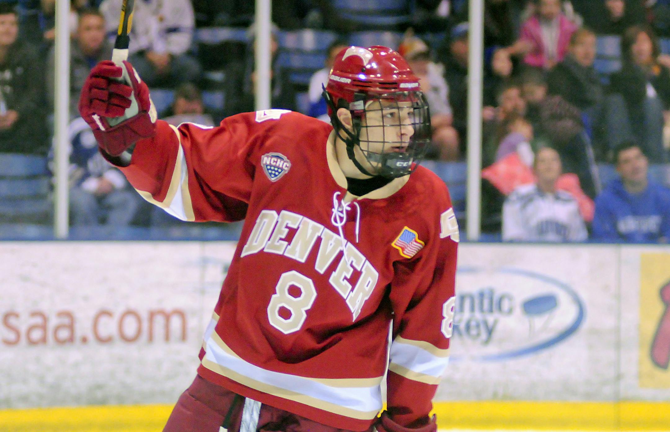 November 22, 2013 - Colorado Springs, Colorado, U.S. - Denver forward, Trevor Moore #8, during a Front Range rivalry match-up between the University of Denver Pioneers and the Air Force Academy Falcons at Cadet Ice Arena, U.S. Air Force Academy, Colorado Springs, Colorado. Denver and Air Force play to a 3-3 tie. (Cal Sport Media via AP Images) ORG XMIT: CSMAP