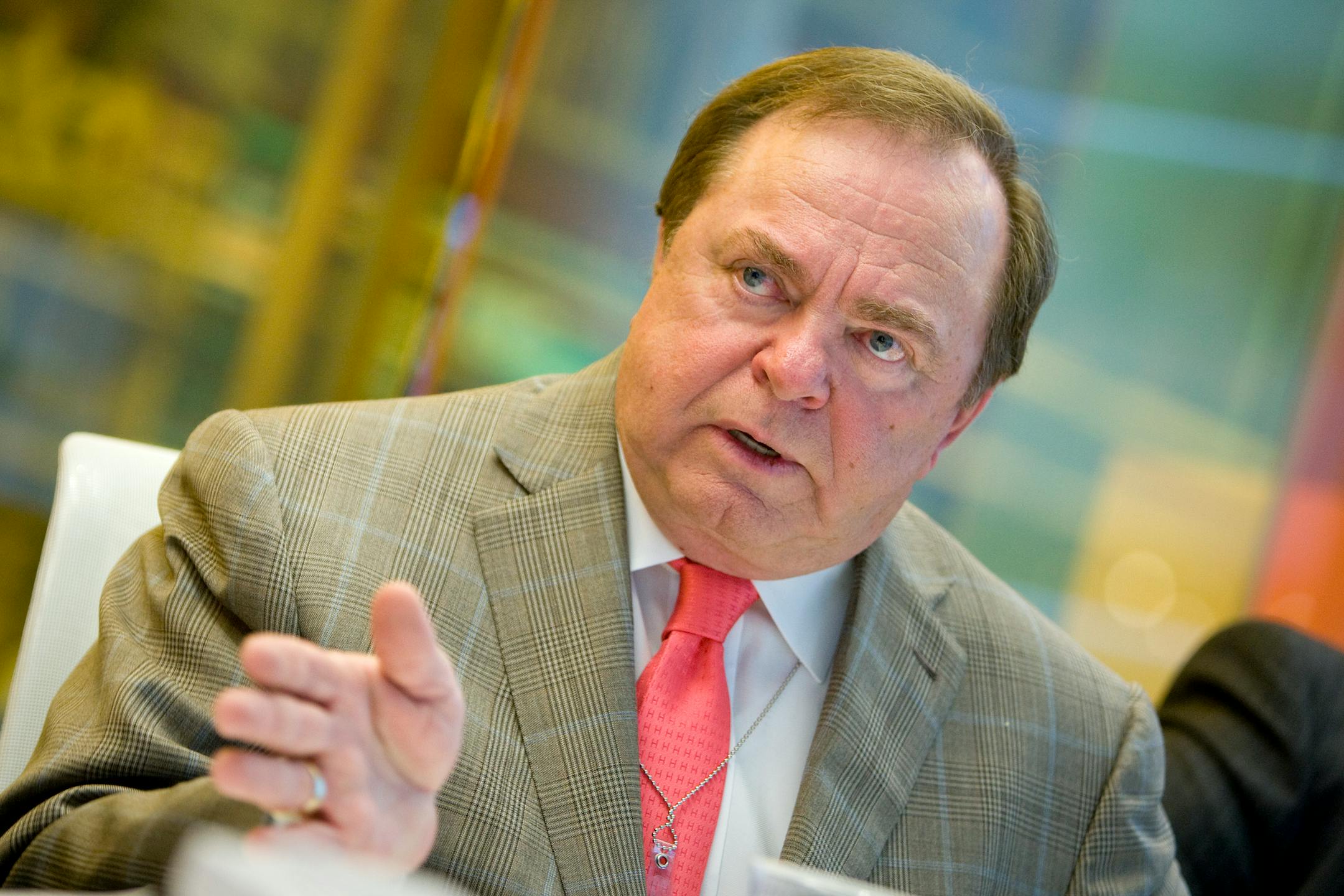 Harold Hamm, chairman and chief executive officer of Continental Resources Inc., speaks during an interview in New York, U.S., on Thursday, Nov. 10, 2011. Continental Resources Inc., an Enid, Oklahoma-based oil and gas exploration company, explores, exploits, develops, and acquires oil and gas reserves, primarily in the Rocky Mountains and the Mid-Continent, as well as in the Gulf Coast region of Texas and Louisiana. Photographer: Scott Eells/Bloomberg *** Local Caption *** Harold Hamm