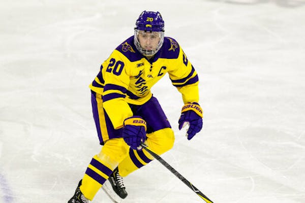 Minnesota State's Marc Michaelis skates against Bemidji State during an NCAA hockey game on Friday, March 1, 2019 in Mankato, Minn. (AP Photo/Andy Cla
