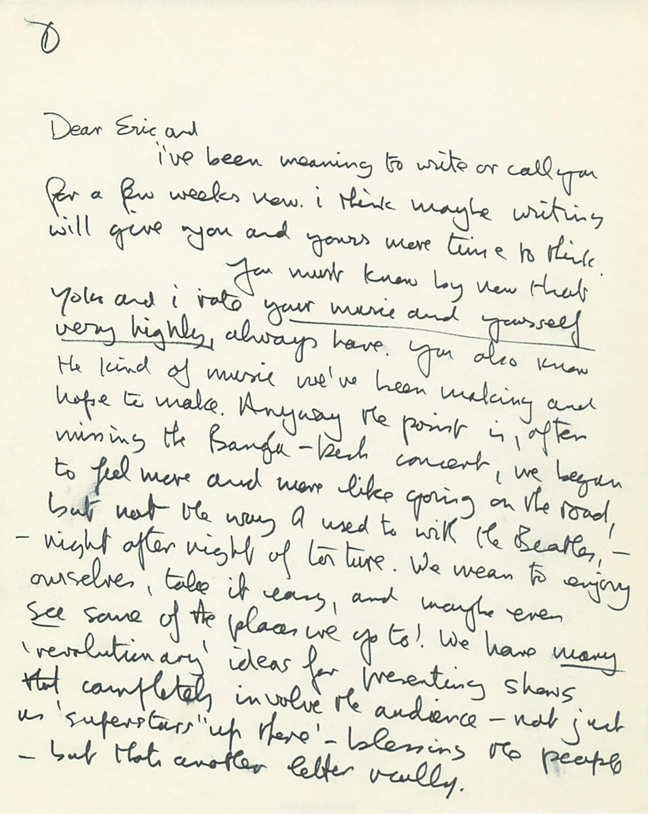 This undated photo provided by Profiles in History shows the first page of a handwritten letter from John Lennon to Eric Clapton. The two-page letter is expected to draw $20,000 to $30,000 during an online and phone auction by Profiles in History on Dec. 18, 2012. (AP Photo/Profiles in History)