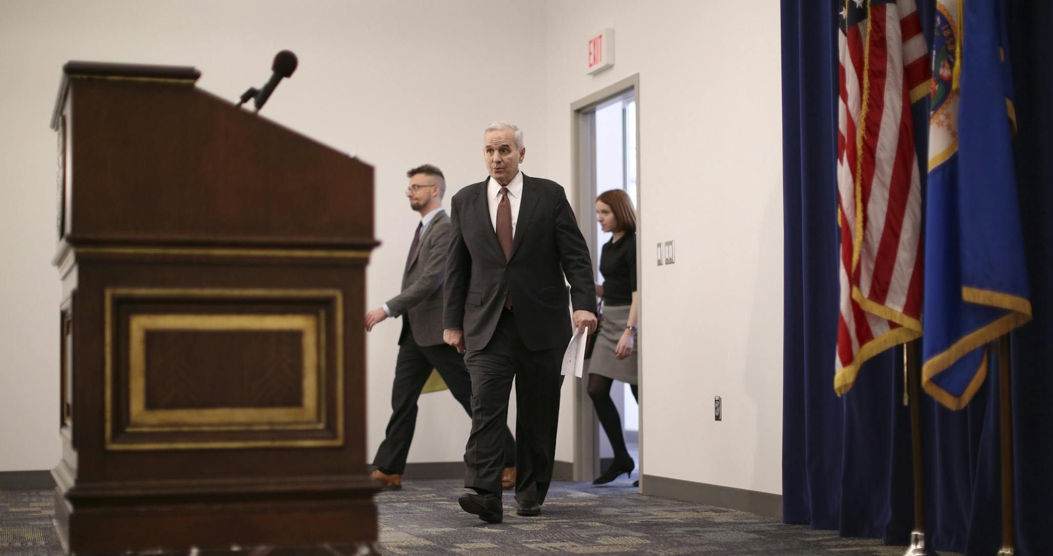 Gov. Mark Dayton walked to the podium to begin his news conference Thursday afternoon in the Veterans Service Building in St. Paul. ] JEFF WHEELER ï jeff.wheeler@startribune.com Gov. Mark Dayton held a news conference Thursday, March 3, 2016 to comment on the decision by the State of Minnesota that the 10-year environmental review of Minnesota's first proposed copper nickel mine is adequate, clearing the way fro the next critical steps in PolyMet's $650 million project ñ setting financ