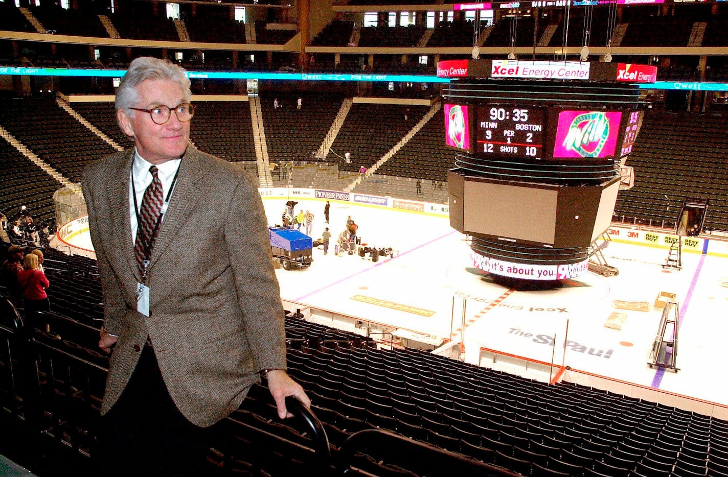 FILE - In this Sept. 28, 2000, file photo, Minnesota Wild Chairman Bob Naegele, Jr., visits the Xcel Energy Center in St. Paul, Minn., as workers prepare the arena for the exhibition season home debut of the expansion NHL hockey team. Naegele, the founding owner of the Wild, died Wednesday, Nov. 7, 2018, of complications from cancer, the team announced Thursday. He was 78. (AP Photo/Jim Mone)