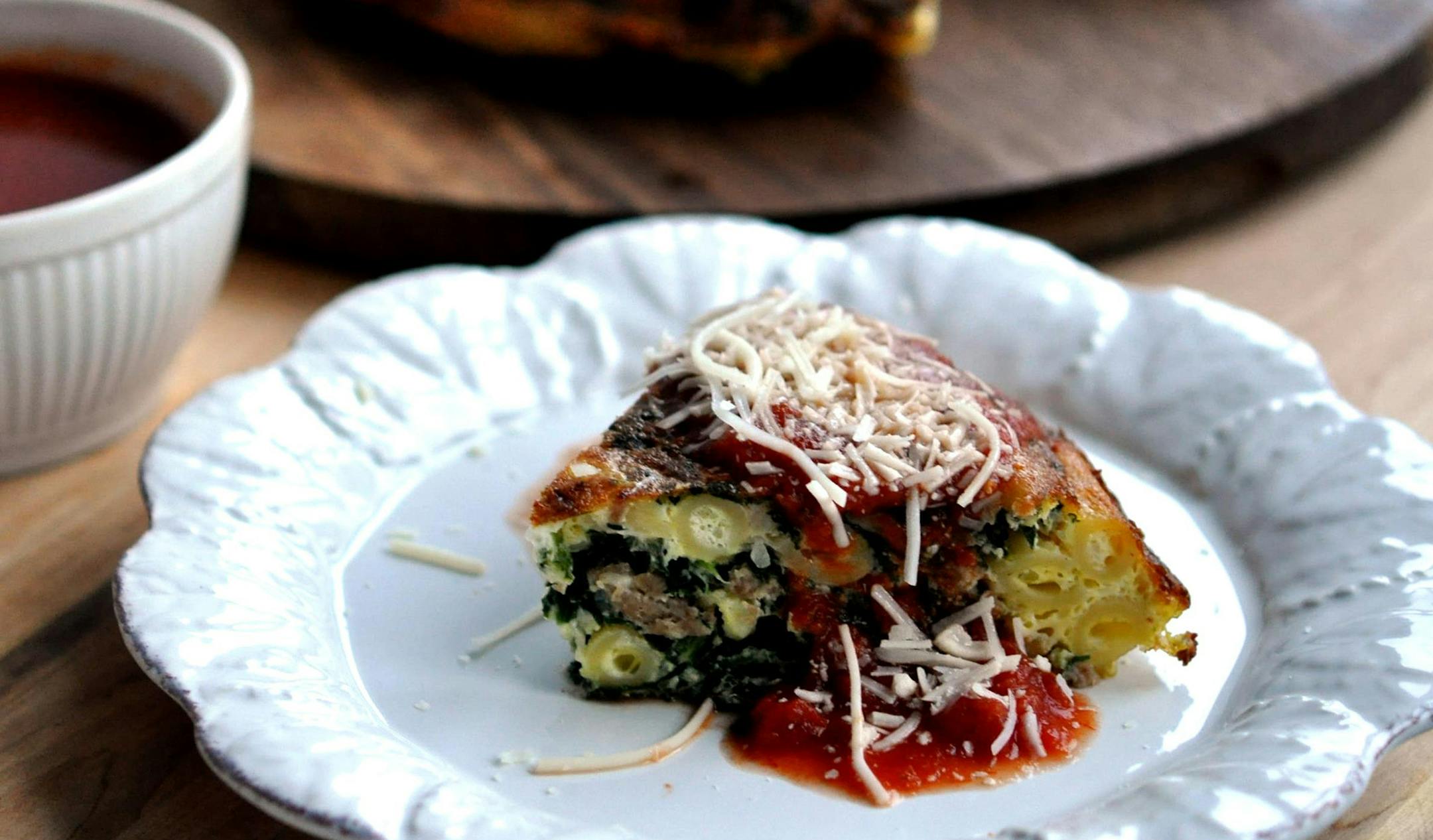 Turkey sausage, spinach and penne frittata.