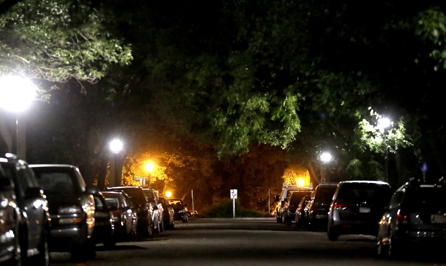 The difference in the color temperature of the street light bulbs is apparent on Laurel Ave. past North Griggs St. in St. Paul. ] CARLOS GONZALEZ cgonzalez@startribune.com - June 29, 2016, St. Paul, MN, How blue will our cities be in the future? That is the question facing public officials and medical experts grappling with the impacts of high-tech LED streetlights being installed by the thousands in Minnesota and across the country. The American Medical Association recently took a stand on the