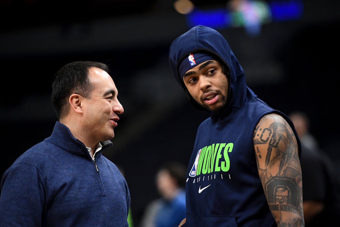 Gersson Rosas, president of basketball operations for the Minnesota Timberwolves, talked to newly acquired guard D'Angelo Russell before Saturday night's game against the LA Clippers.