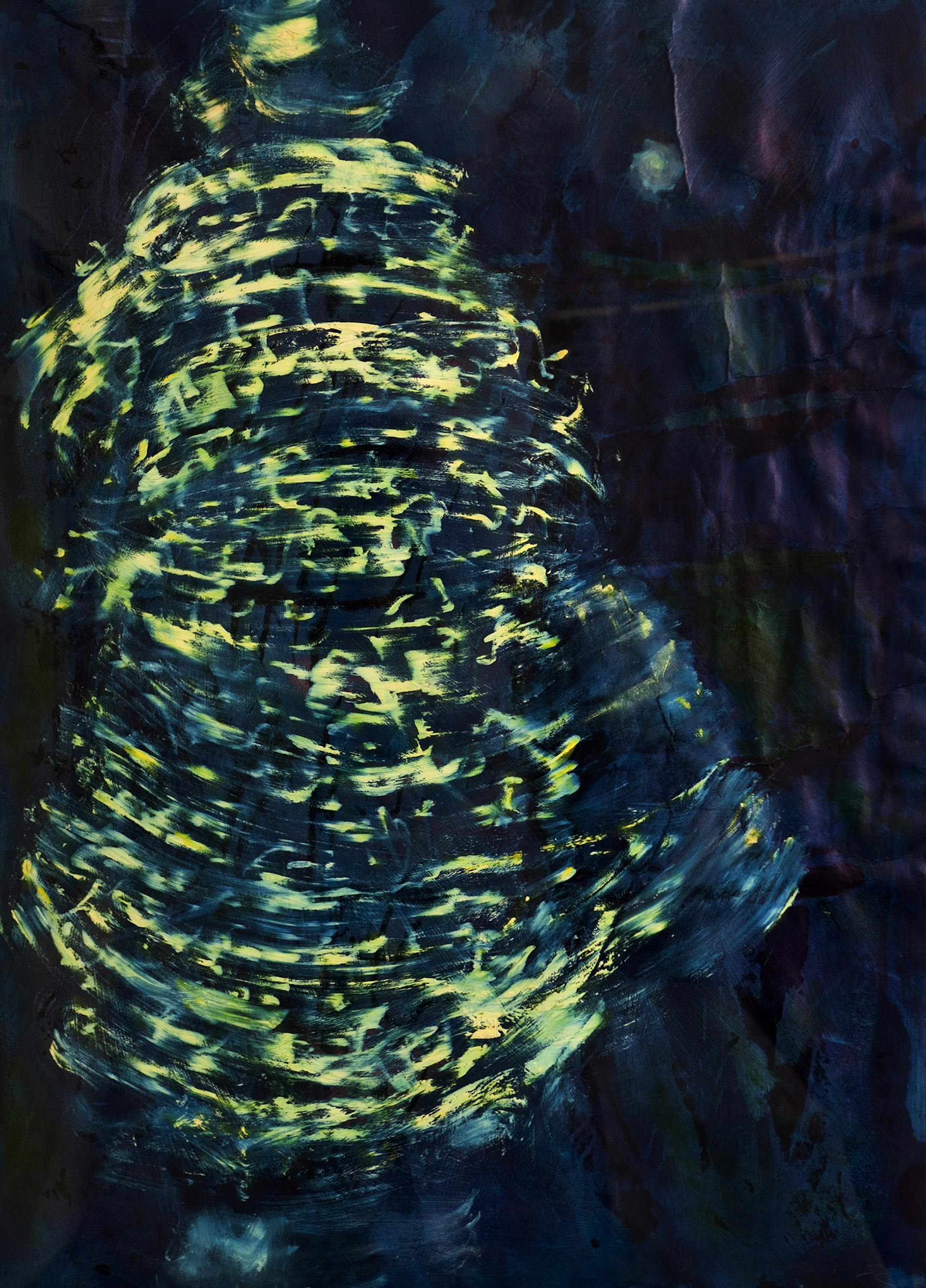 Elizabeth Erickson work titled "The Grandmother Striding Toward the Moon. Seventh Plane" This work is mixed media, on German etching paper, 30 x 42" . It is part of the series called "Seven Planes", which is inspired by the words of Meher Baba of India. Provided by the artist.