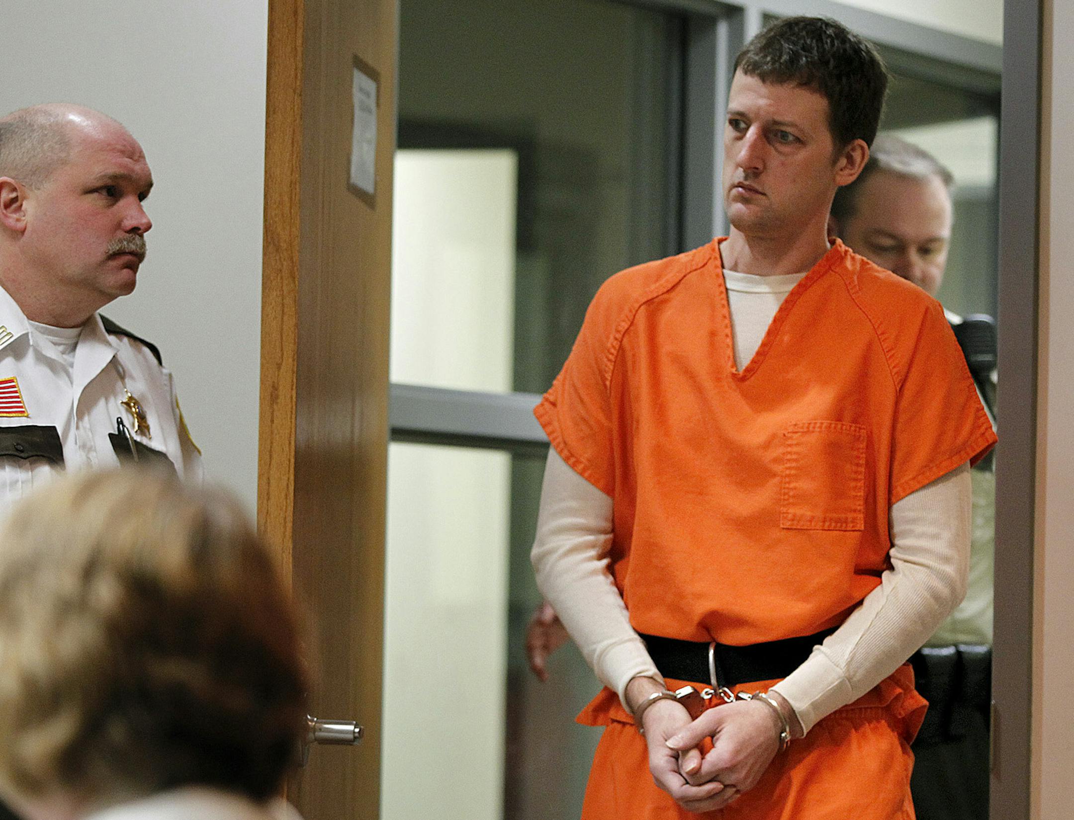 Aaron Schaffhausen, 35, made his way into a St. Croix County Courtroom Wednesday, March 27, 2013. Schaffhausen is accused of killing his three children in their River Falls, WI home in July, 2012. (ELIZABETH FLORES/STAR TRIBUNE) ELIZABETH FLORES • eflores@startribune.com