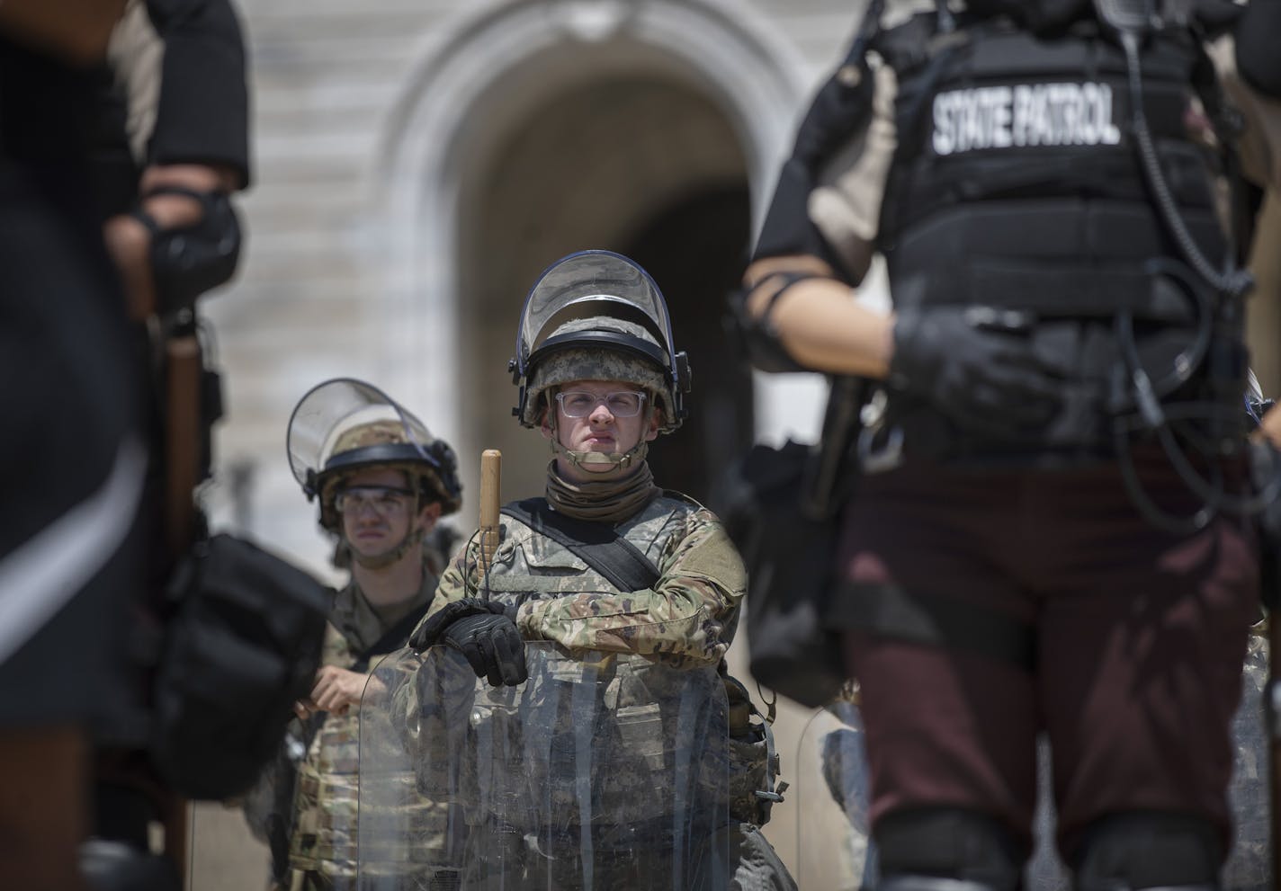 Minnesota National Guard members worked with the State Patrol at the Capitol during the protest Sunday.