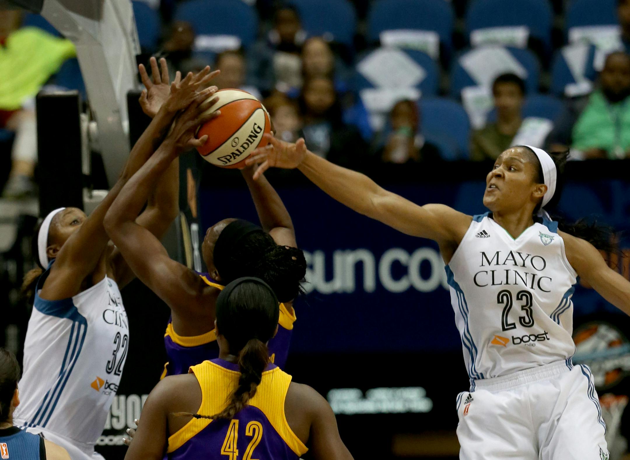 Lynx Maya Moore and Rebekkah Brunson attempted to block the shot f Sparks Nneka Ogwumike during the first quarter. ] (KYNDELL HARKNESS/STAR TRIBUNE) kyndell.harkness@startribune.com Lynx vs LA Sparks during the first round of the WNBA Playoffs at Target Center in Minneapolis Min., Friday September 18, 2015.