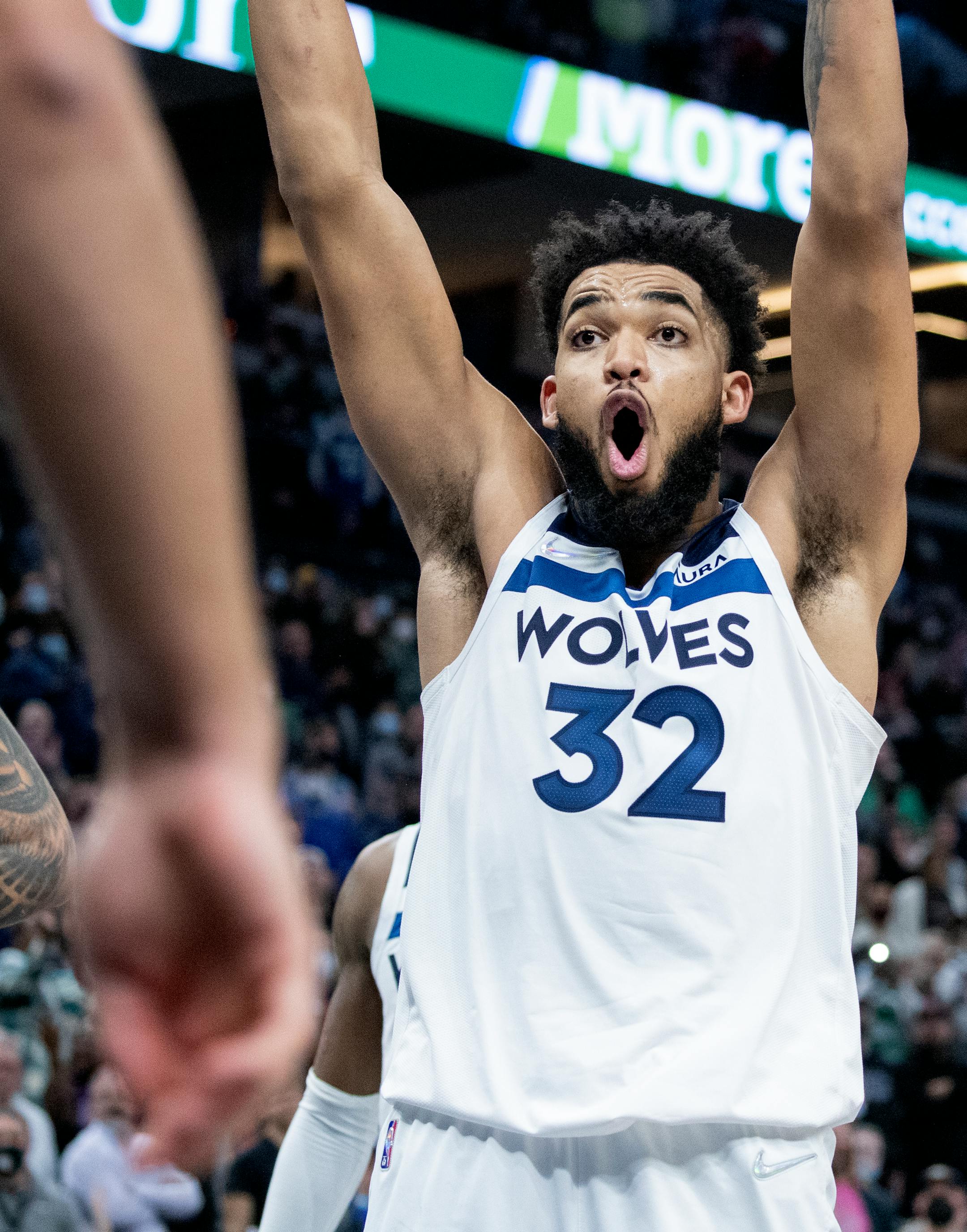 Karl Anthony-Towns (32) of the Minnesota Timberwolves reacts after being called for a foul in overtime Tuesday, Feb. 15, at Target Center in Minneapolis, Minn. ] CARLOS GONZALEZ • cgonzalez@startribune.com