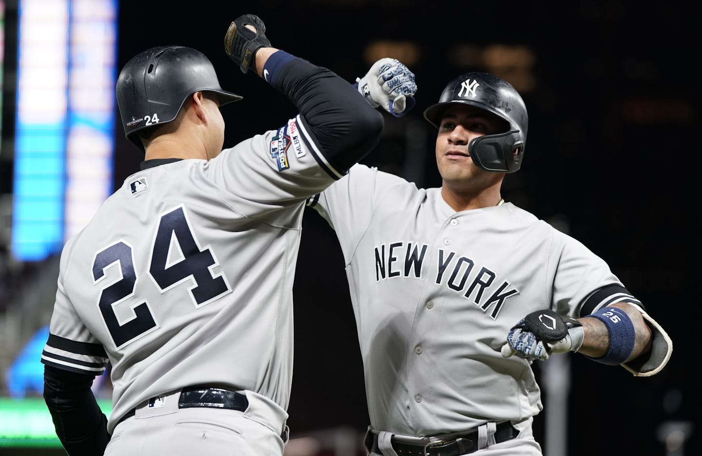 The Yankees' Gleyber Torres, right, celebrated with teammate Gary Sanchez after Torres belted a home run in the second inning of Game 3 on Monday night.