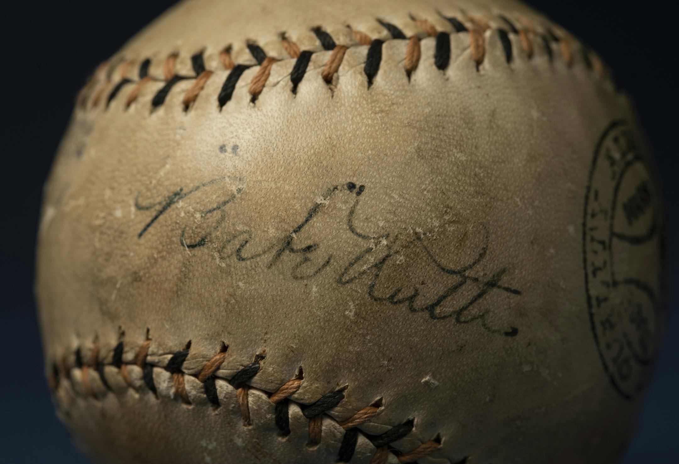 A detail of the signature on the baseball autographed by Babe Ruth while in St. Paul for a barnstorming appearance on June 16, 1926. ] JEFF WHEELER • jeff.wheeler@startribune.com Collector Clyde Doepner acquired a baseball signed by Babe Ruth during his appearance in St. Paul in 1926 at a yard sale in St. Paul. The ball was photographed at Target Field in Minneapolis on Thursday, August 8, 2019.