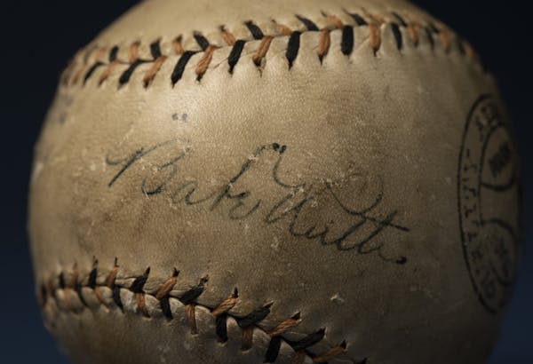 A detail of the signature on the baseball autographed by Babe Ruth while in St. Paul for a barnstorming appearance on June 16, 1926. ] JEFF WHEELER &#