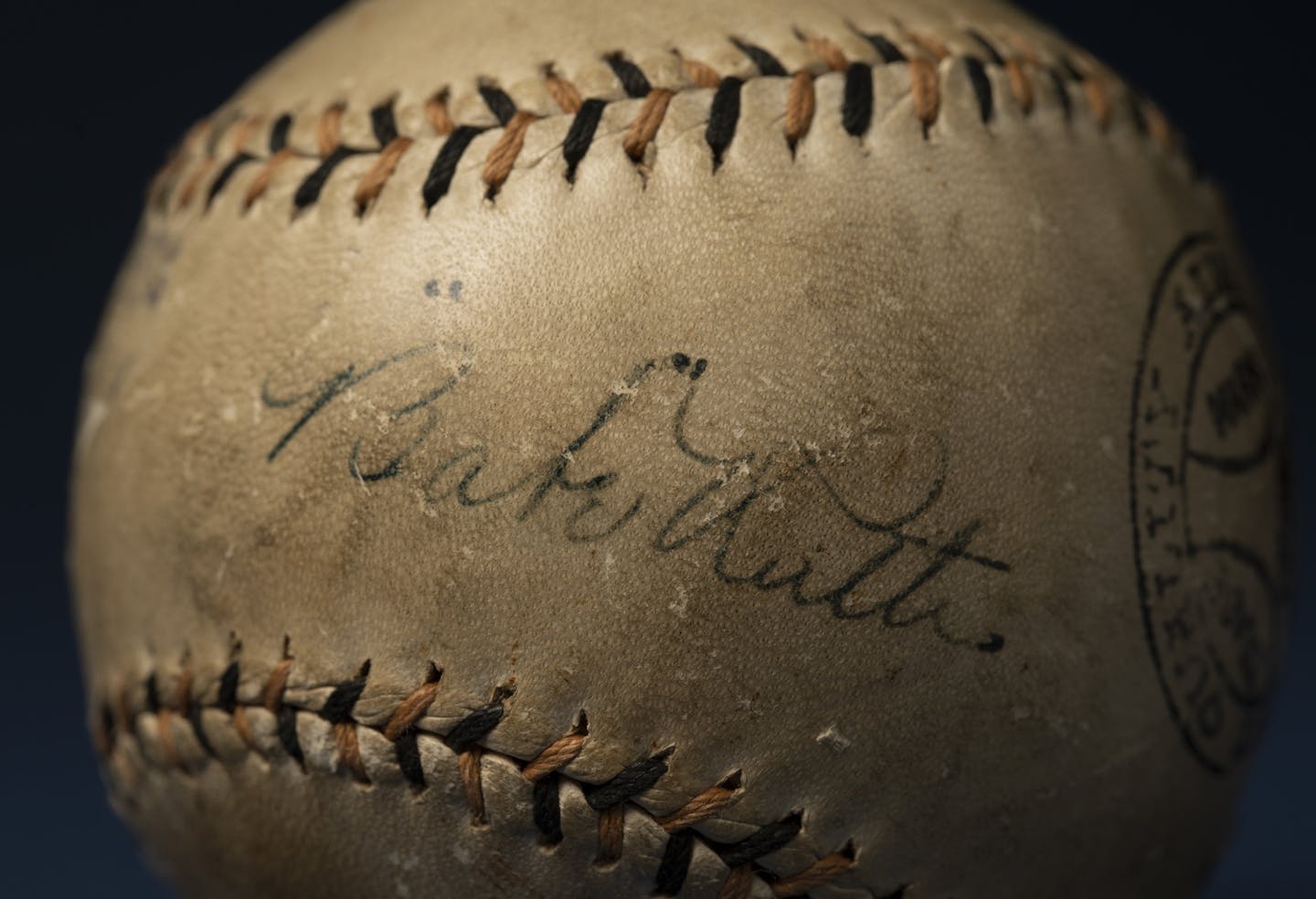 A detail of the signature on the baseball autographed by Babe Ruth while in St. Paul for a barnstorming appearance on June 16, 1926. ] JEFF WHEELER &#x2022; jeff.wheeler@startribune.com Collector Clyde Doepner acquired a baseball signed by Babe Ruth during his appearance in St. Paul in 1926 at a yard sale in St. Paul. The ball was photographed at Target Field in Minneapolis on Thursday, August 8, 2019.