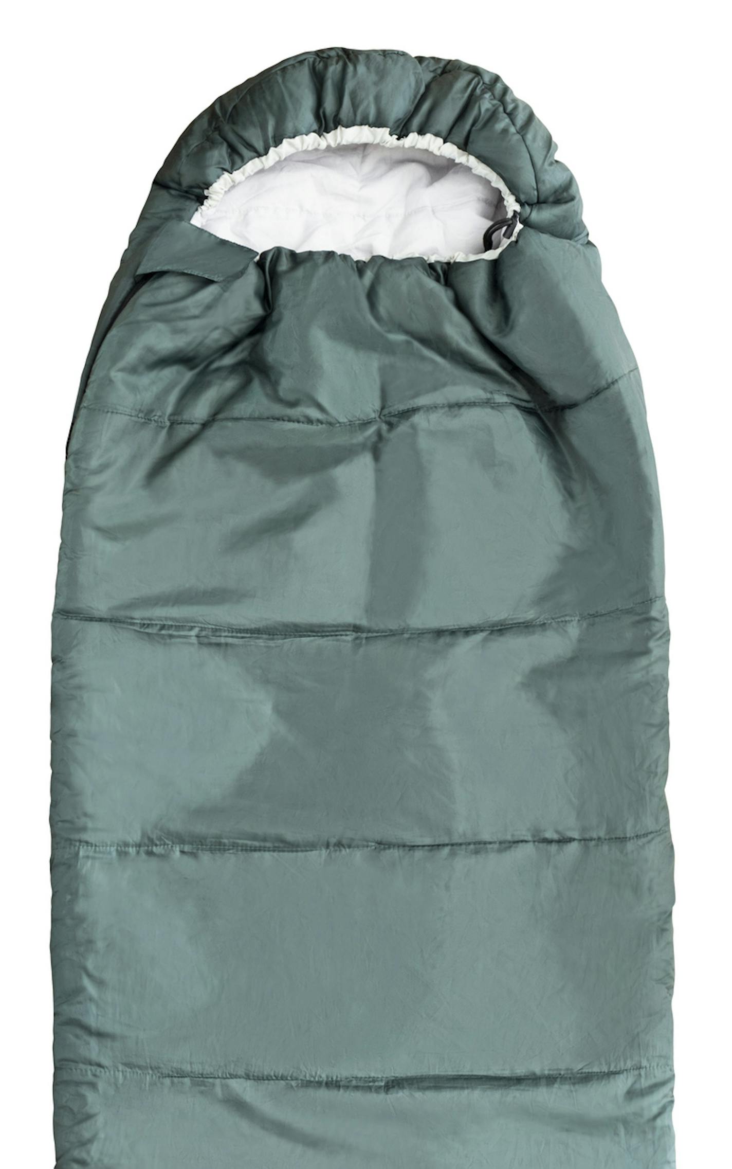 Top view of warm sleeping bag with hood isolated on white background. Travel accessory for trekking and camping