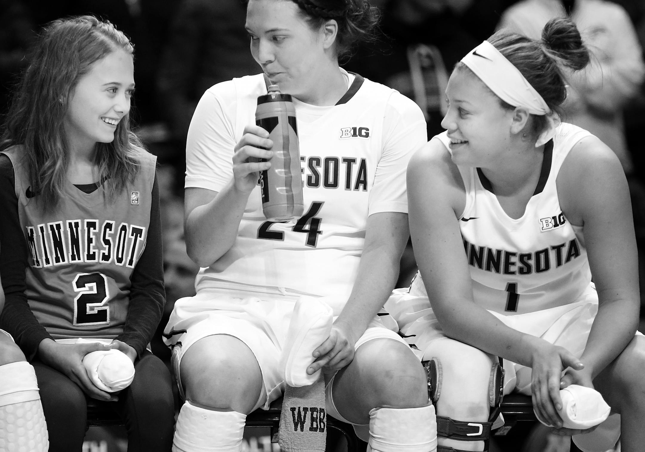 Mikayla Bailey and Rachel Banham spoke with Aubrey King before team introductions vs. Nebraska. King was "adopted" by the team through Friends of Jaclyn in February 2014. She's been living with a disease called juvenile pilocytic astrocytoma since she was 3. She comes to games when she is able and is welcome on the bench and in the locker room.