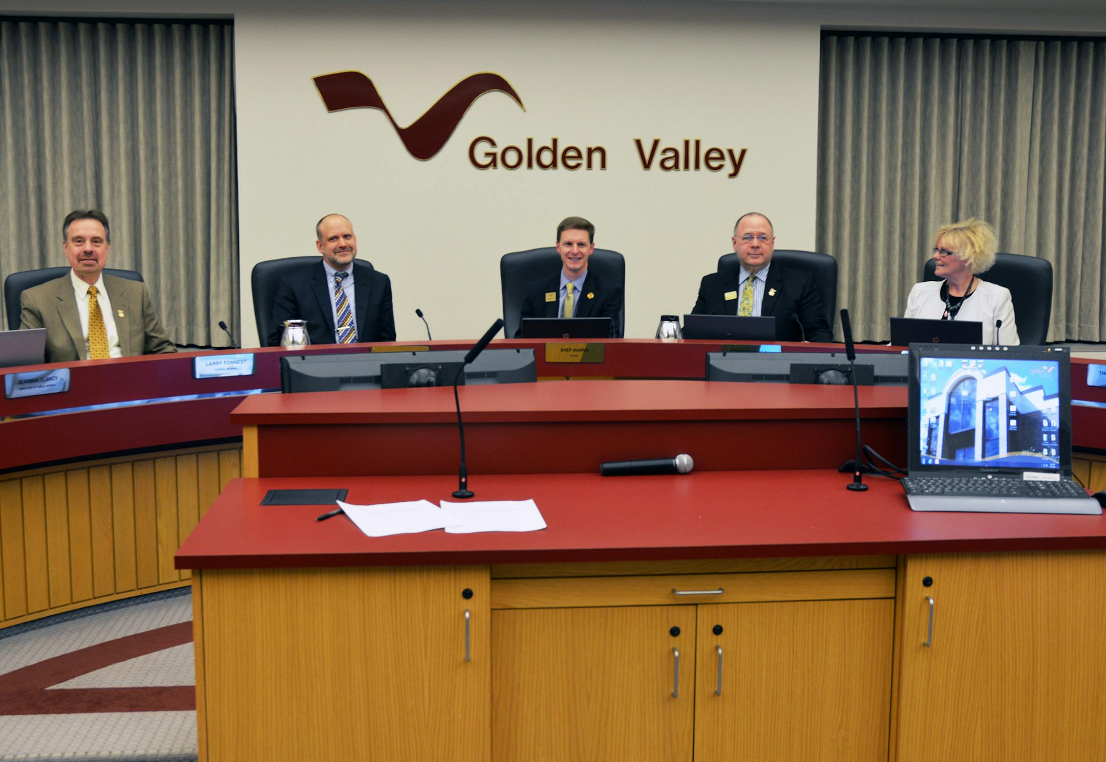 Credit/Cheryl Weiler | Communications Manager | City of Golden Valley Attached is a snapshot of the Golden Valley City Council: (left to right) Fonnest, Snope, Harris, Schmidgall, Clausen. I hope this will be helpful. Shep Harris is the one in the middle.