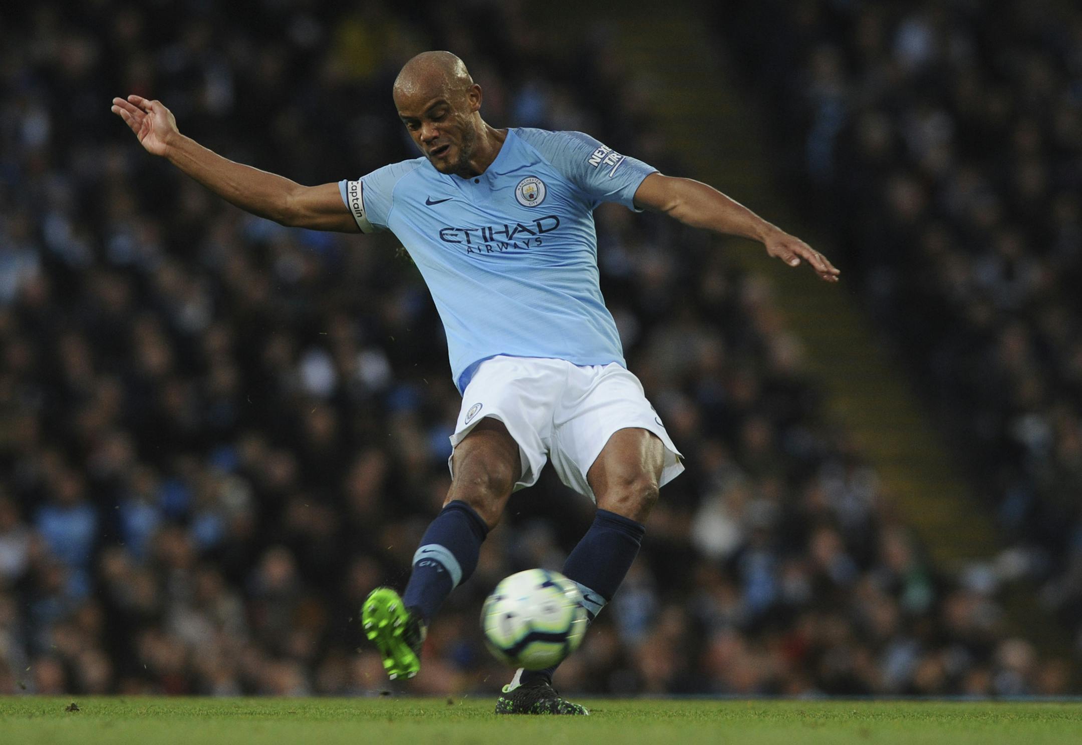 Manchester City's Vincent Kompany scored the match's only goal Monday in the English Premier League soccer match between Premier League leader Manchester City and Leicester City at the Etihad stadium in Manchester, England.