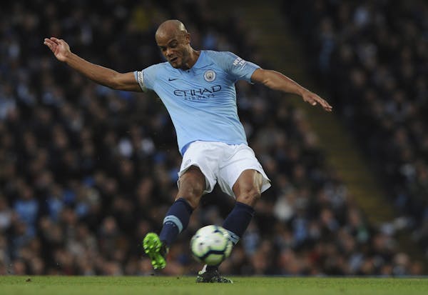Manchester City's Vincent Kompany scored the match's only goal Monday in the English Premier League soccer match between Premier League leader Manches
