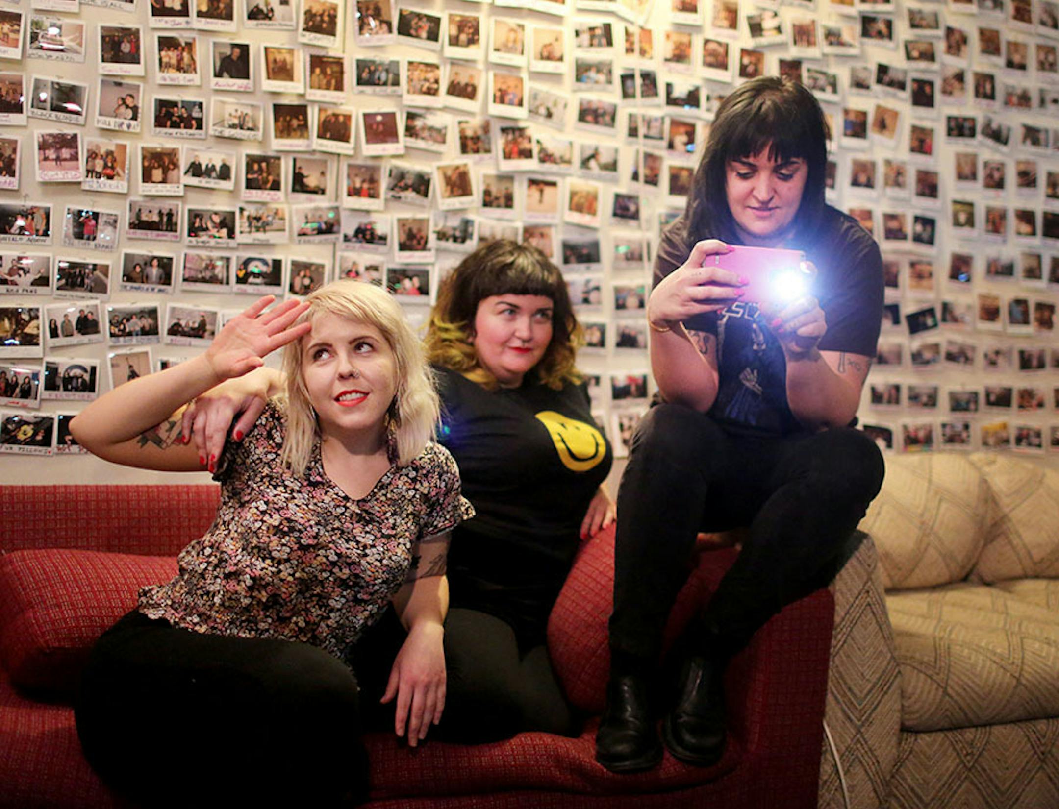 Members of the local trio Kitten Forever, including Laura Larson , left to right, Liz Elton and Corrie Harrigan pose for a photo before a live show Friday, March 26, 2016, at the University of M Minnesota student station Radio K in Minneapolis, MN.