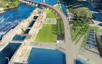 This view shows the preliminary concept for The Falls at the Upper St. Anthony Lock and Dam. It includes an enclosed viewing platform for the lock and