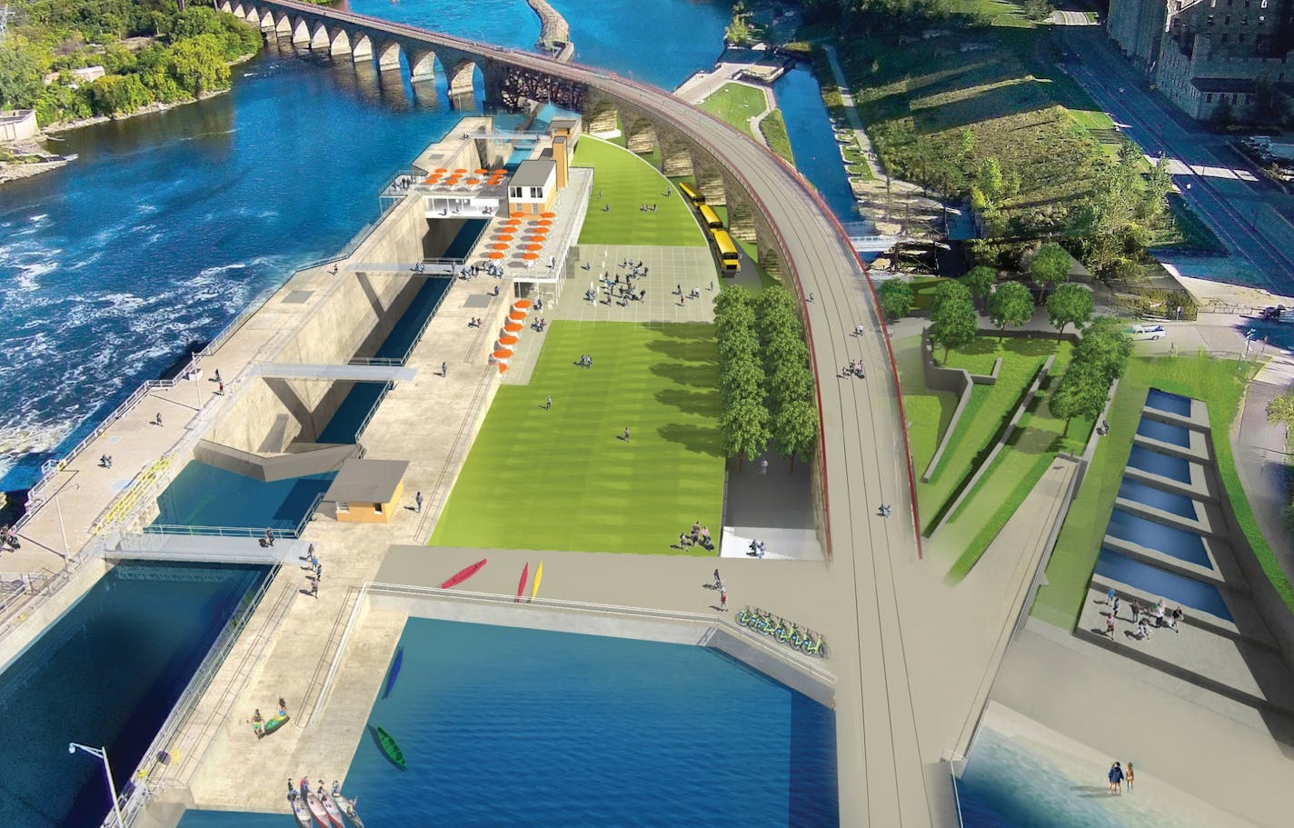 This view shows the preliminary concept for The Falls at the Upper St. Anthony Lock and Dam. It includes an enclosed viewing platform for the lock and adjacent dam, an outdoor performance space with grass seating, and a parking ramp and interpretive center under the lawn. Part of the planned Water Works Park is shown at right.