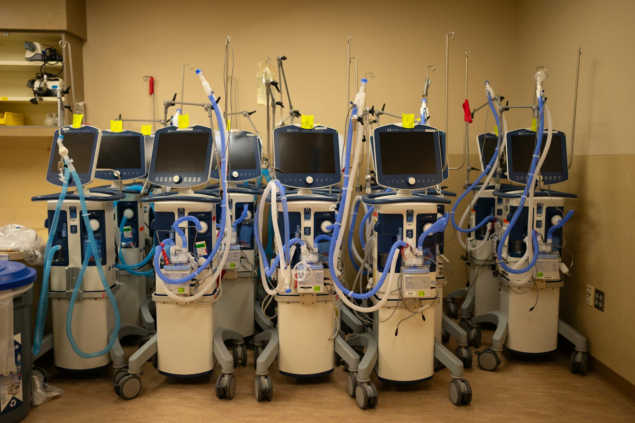 A storage room houses the most common ventilator in use at HCMC, the Covidien Puritan Bennett 980 Series Ventilator, in Minneapolis.