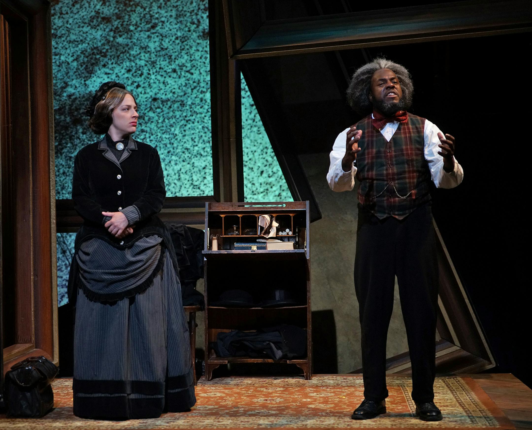 Emily Gunyou Halaas and Mikell Sappare "The Agitators," Susan B. Anthony and Frederick Douglass.