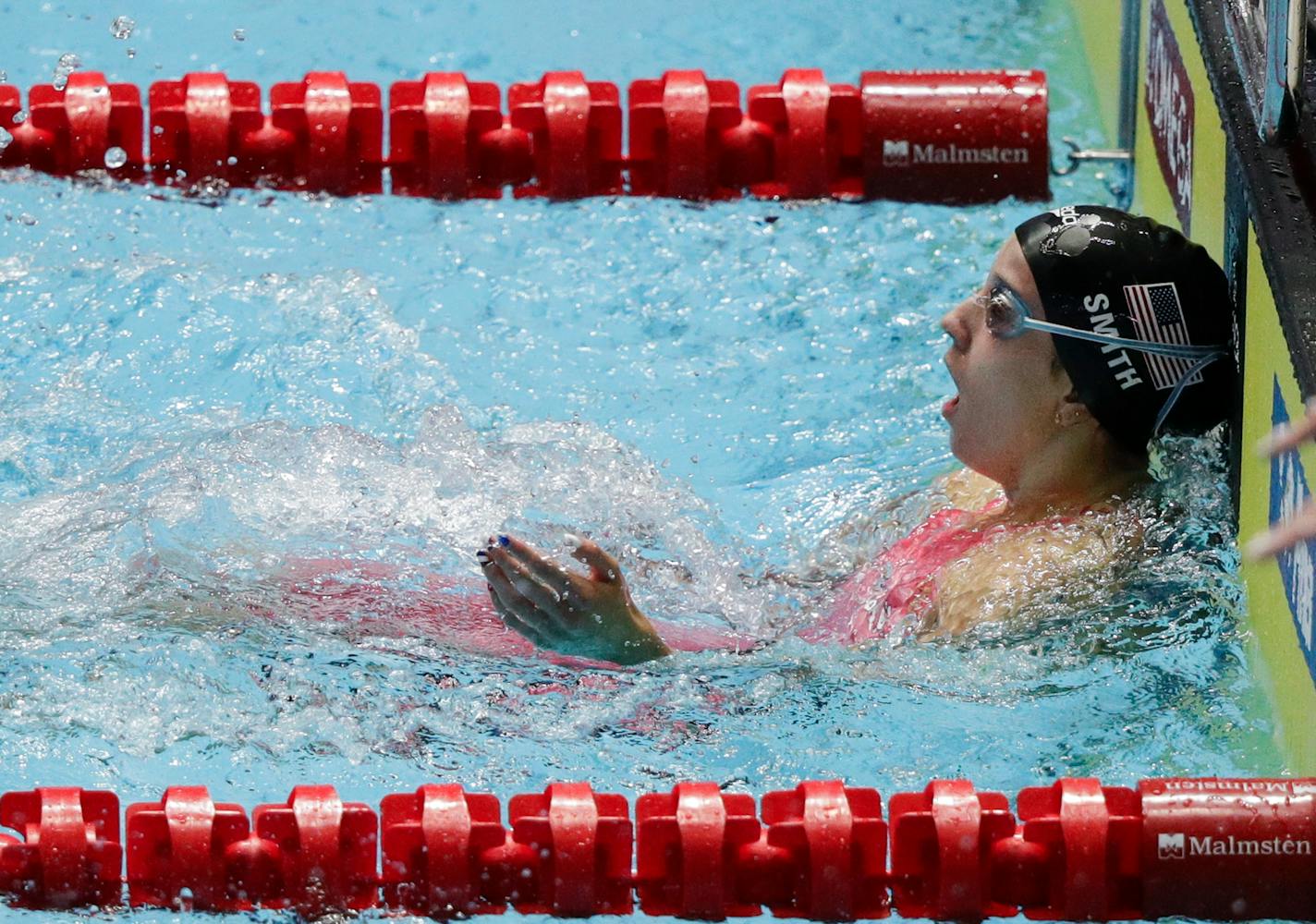 United States' Regan Smith reacts after her backstroke leg in the women's 4x100m medley relay final at the World Swimming Championships in Gwangju, South Korea, Sunday, July 28, 2019. (AP Photo/Mark Schiefelbein)