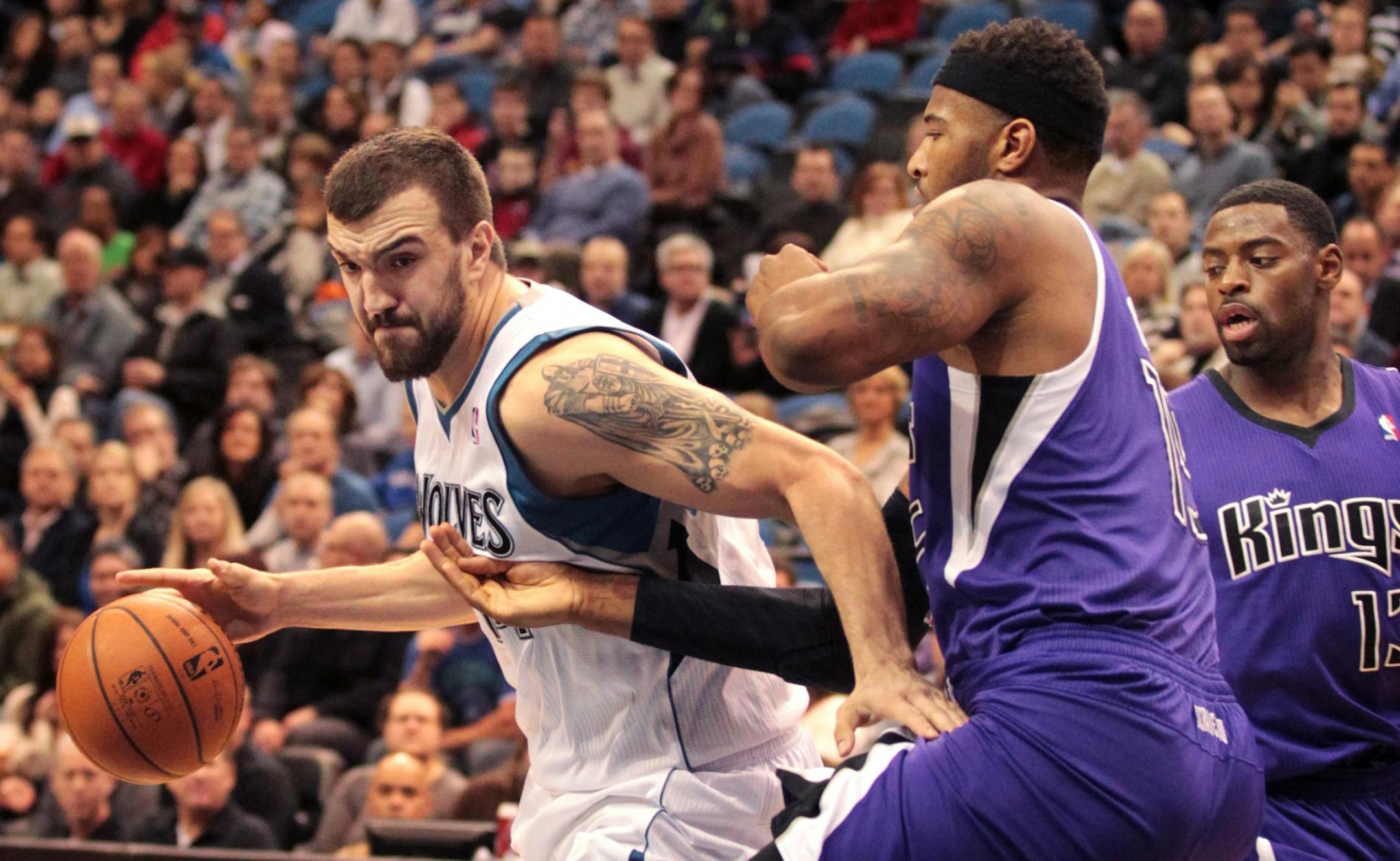 Kings center DeMarcus Cousins (right, guarding the Wolves' Nikola Pekovic) played about as poorly as he can Tuesday night in Minnesota's 86-84 victory, and he still produced his ninth double-double in 11 games.