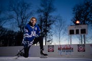 Minnetonka forward Hagen Burrows, the Star Tribune’s Metro Player of the Year in boys hockey, photographed on the backyard rink of Tom Schoolmeester