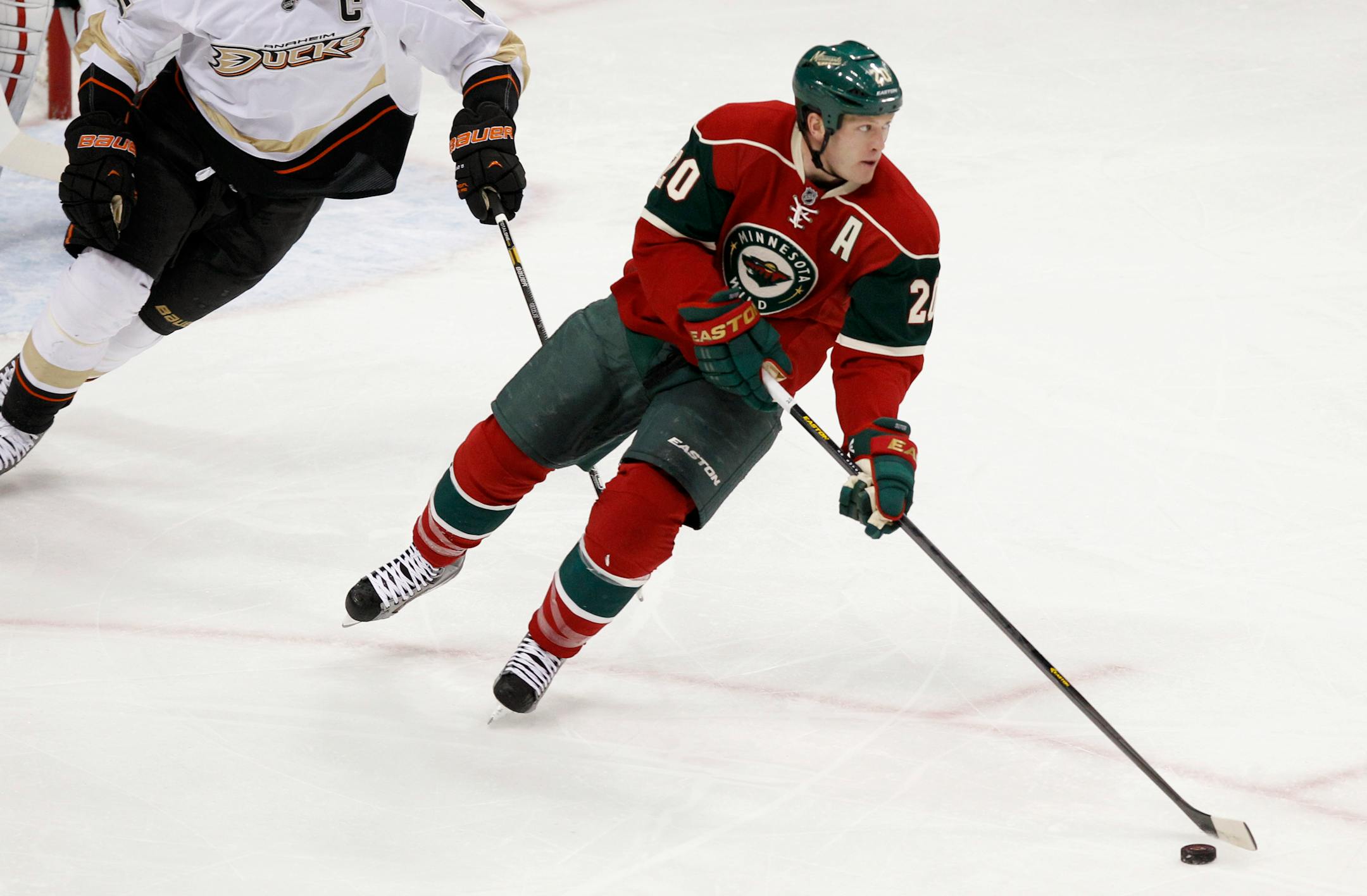 Minnesota Wild defenseman Ryan Suter (20) shown during an NHL hockey game against the Anaheim Ducks Tuesday, March 12, 2013, in St. Paul, Minn. (AP Photo/Genevieve Ross)