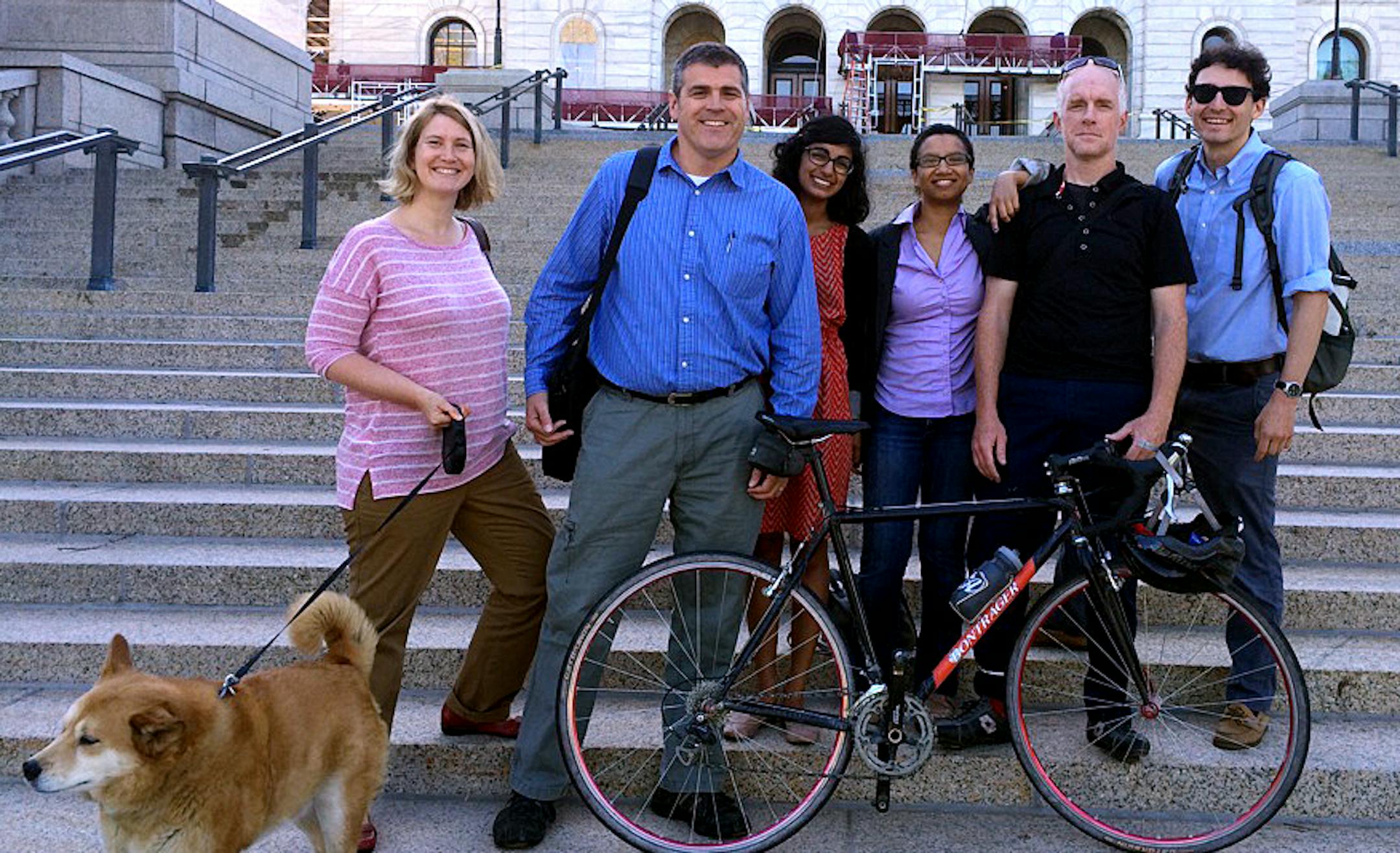 Left to right, reporters Jennifer Brooks (car), Jim Walsh (Green Line), Beena Raghavendran (car), Nicole Norfleet (bus), Matt McKinney (bike) and Eric Roper (bus) -- plus intrepid dog Josey (car) -- tested out the fastest way from St. Paul to the Star Tribune offices in Minneapolis.