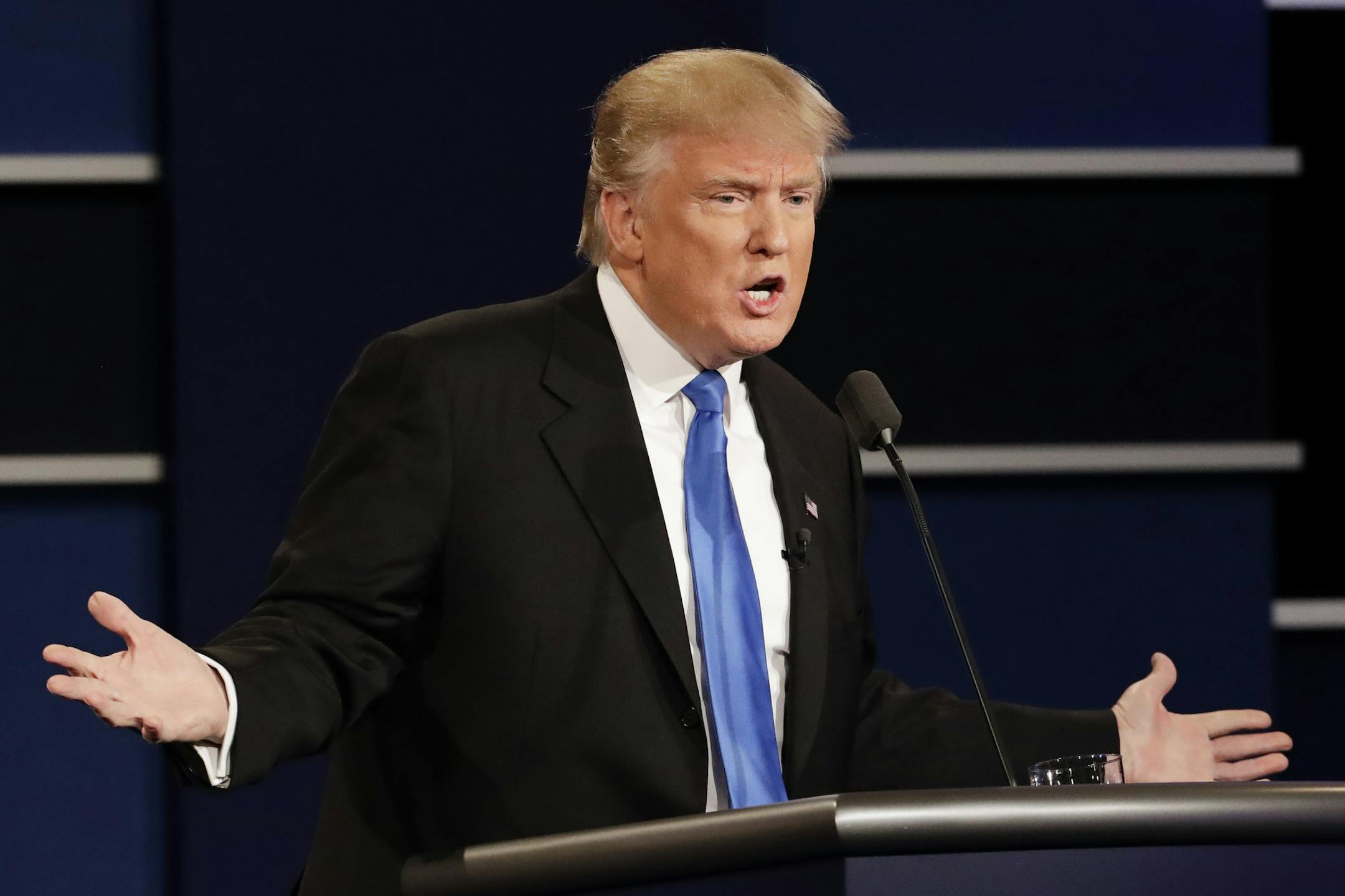 Republican presidential nominee Donald Trump answers a question during the presidential debate with Democratic presidential nominee Hillary Clinton at Hofstra University in Hempstead, N.Y., Monday, Sept. 26, 2016. (AP Photo/David Goldman)