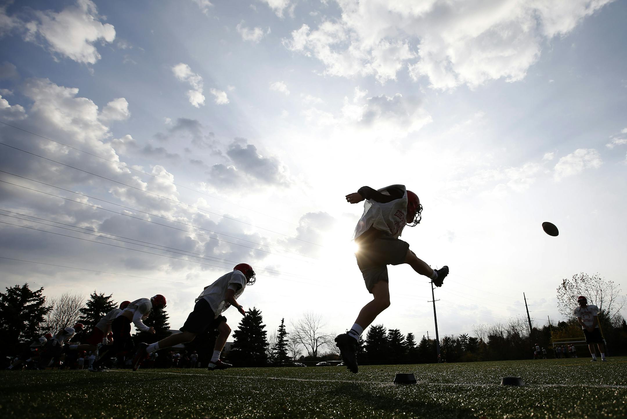 Eden Prairie high school football team worked on kickoffs during practice on Wednesday. ] CARLOS GONZALEZ cgonzalez@startribune.com - October 22, 2014 , Eden Prairie, MN, Eden Prairie High School Football. Class 6A football advance,