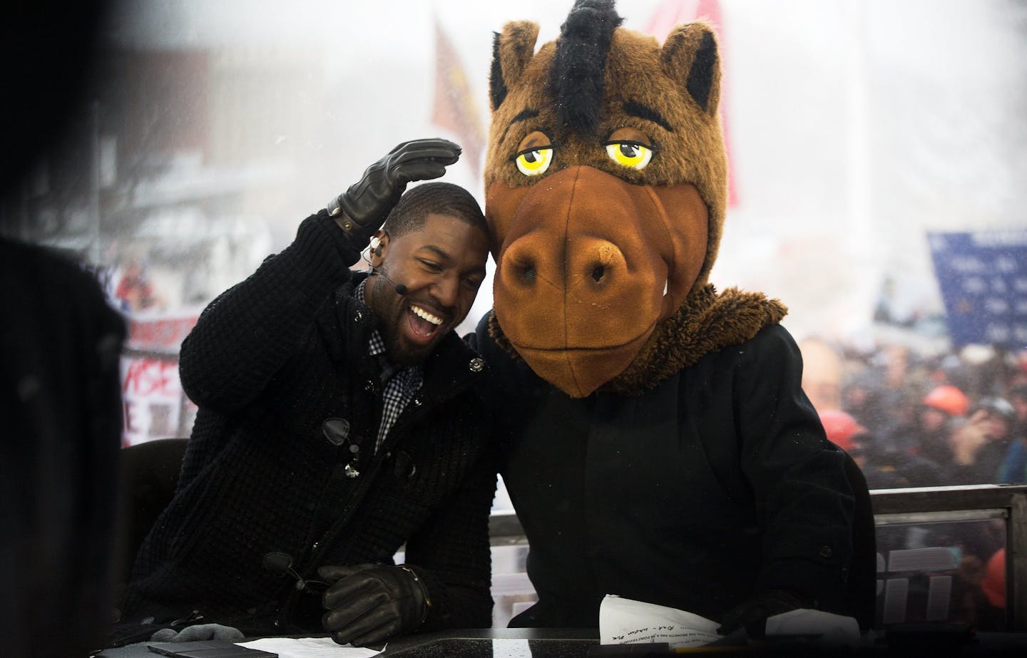 Kalamazoo native Gregg Jennings, left, and Lee Corso both select Western Michigan to defeat Buffalo in a NCAA college football game during a broadcast for ESPN's "College GameDay" in Kalamazoo, Mich., Saturday, Nov. 19, 2016. (Bryan Bennett/Kalamazoo Gazette-MLive Media Group via AP) ORG XMIT: MIKAL203