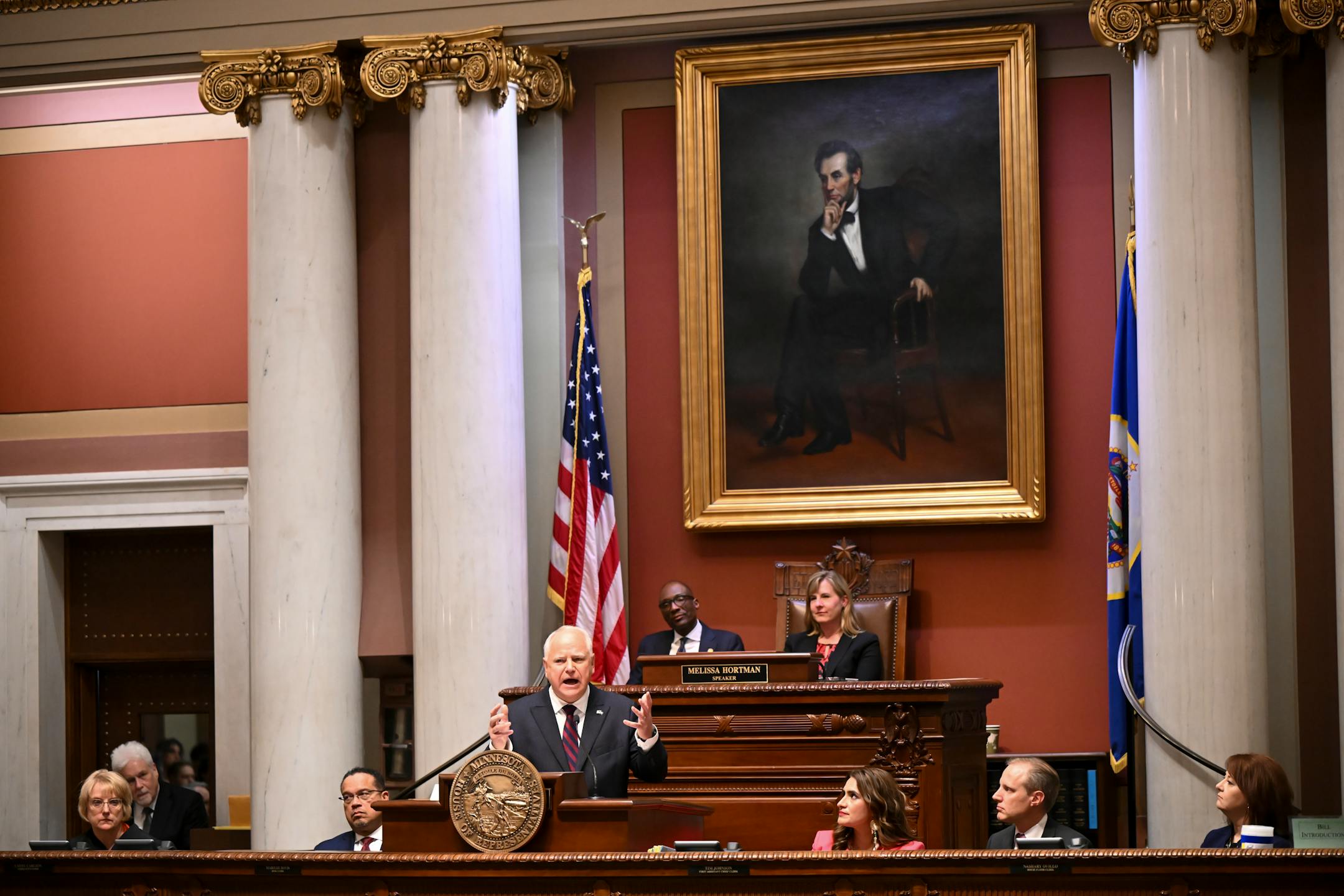 Minnesota Gov. Tim Walz delivers the State of the State address in the house chambers of the Minnesota State Capitol in St. Paul, Minn.
