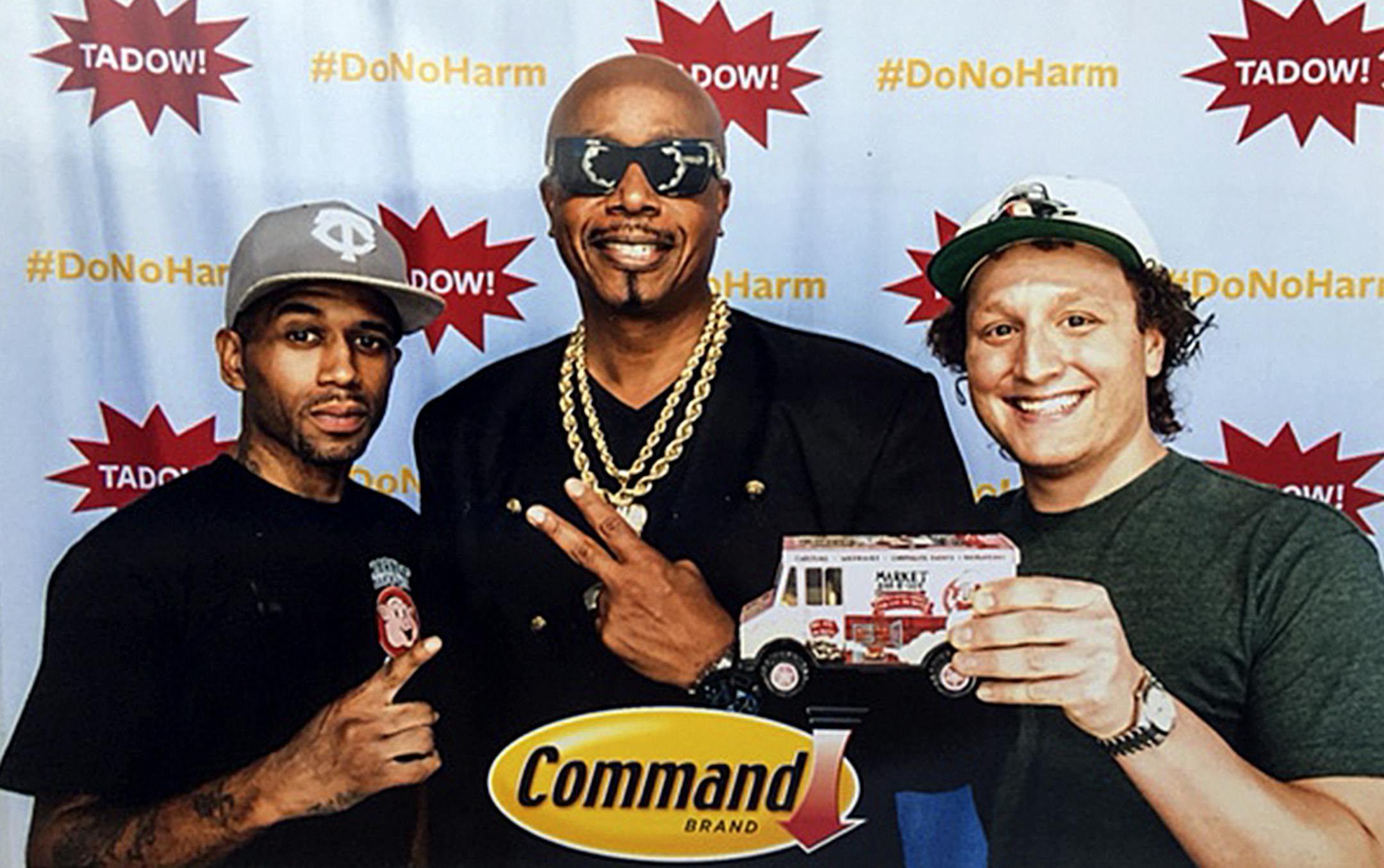 Glenn Johnson, MC Hammer, and Anthony Polski at the 3M event for the product Hammer pitches, Command Strips. Photo provided by Anthony by Anthony Polski