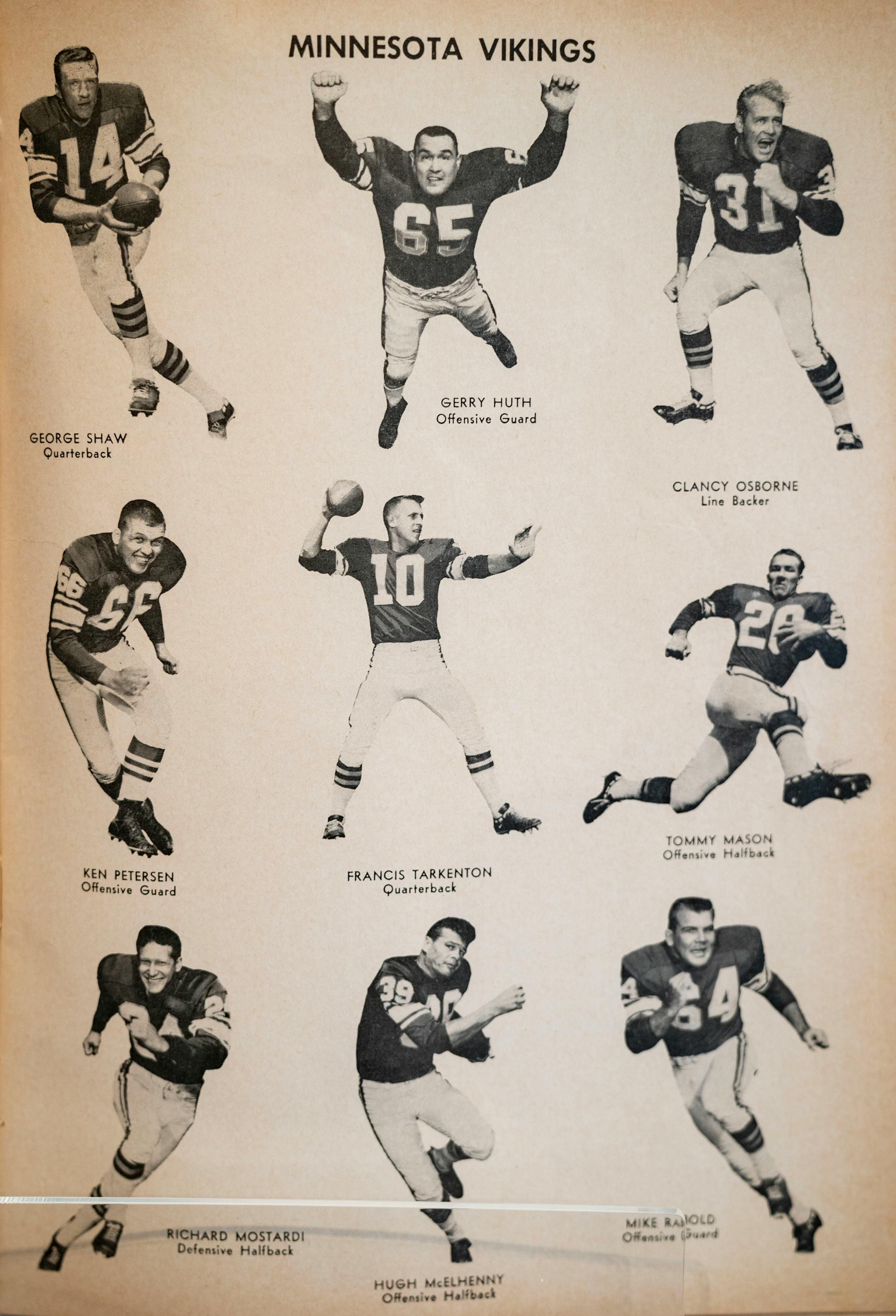 A program from the Vikings' first regular-season home game from Sunday, September 17, 1961 was on display at the Vikings Museum in Eagan, Minn. on Thursday, September 16, 2021. An inside page featured then-rookie and future Hall of Fame quarterback Fran Tarkenton.