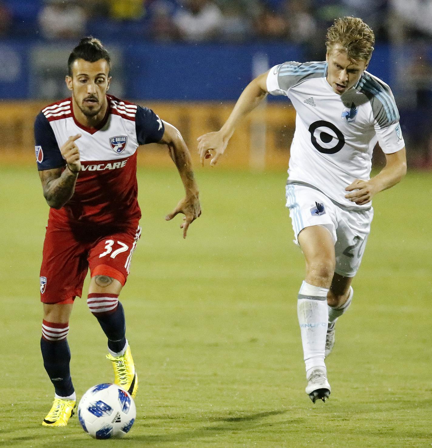 FC Dallas forward Maximiliano Urruti (37) gets past Minnesota United midfielder Rasmus Schuller (20) during the first half of an MLS soccer match in Frisco, Texas, Saturday, Aug. 18, 2018. (Stewart F. House/The Dallas Morning News via AP)