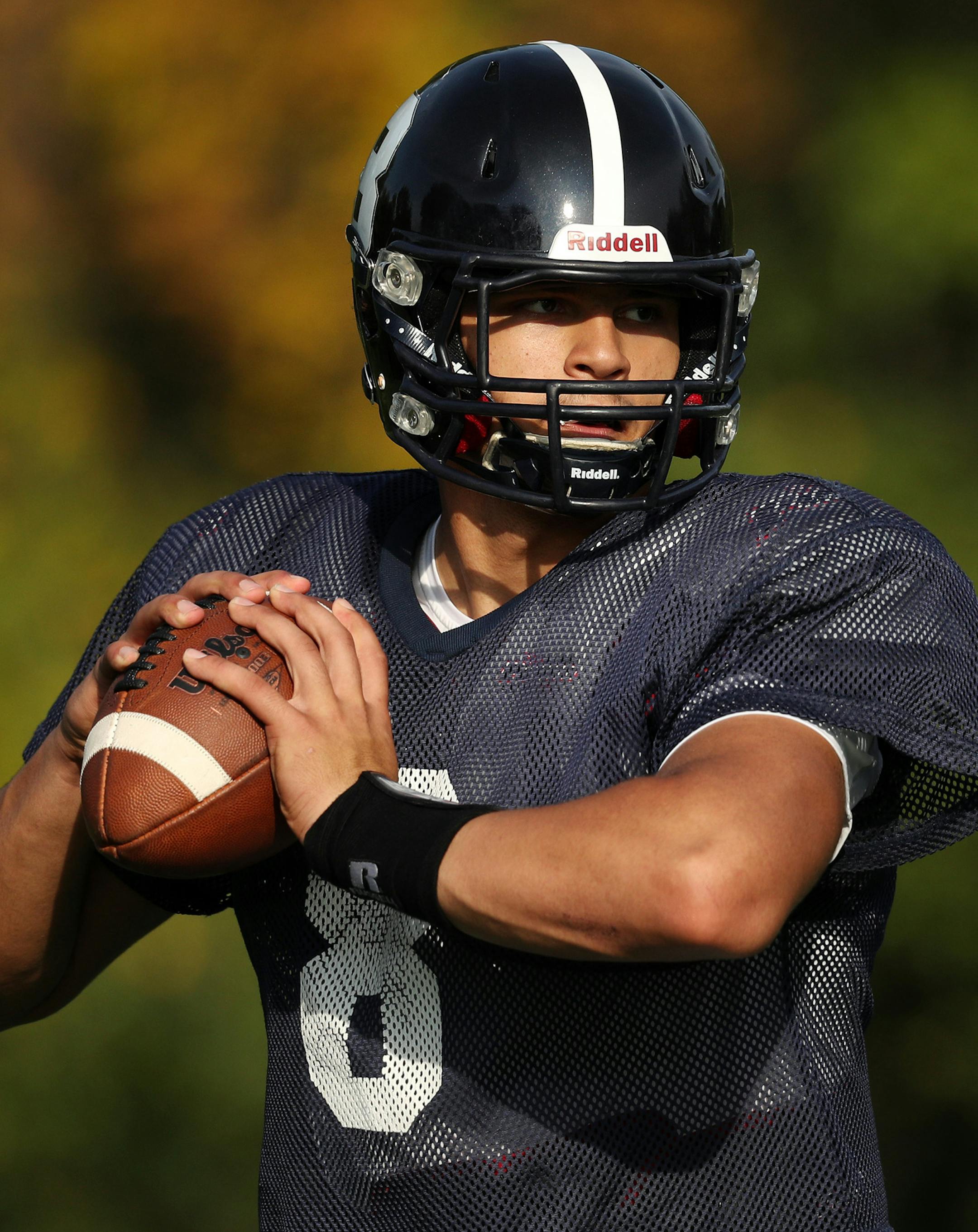 Breck School quarterback David Roddy looked for an open receiver as he practiced with his team Tuesday. ] ANTHONY SOUFFLE ï anthony.souffle@startribune.com Feature story on Breck School quarterback and top basketball player David Roddy who practiced with his team Tuesday, Sept. 20, 2017 in Golden Valley, Minn.