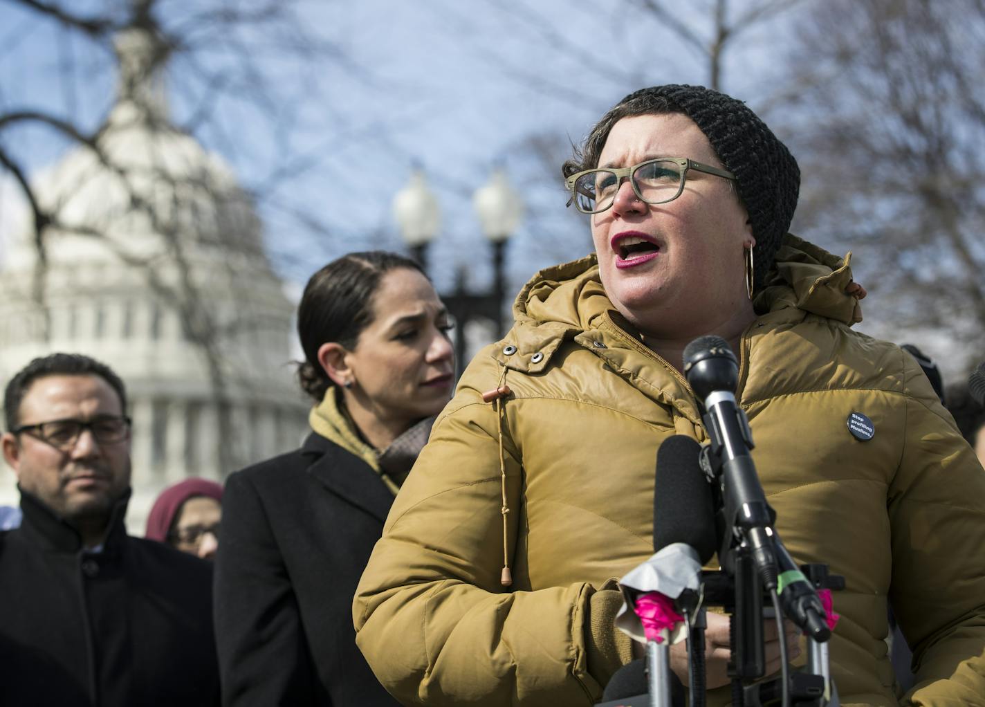 Rabbi Alissa Wise speaks at a press conference held by Muslim and Jewish groups in support of Rep. Ilhan Omar, on Capitol Hill in Washington, March 6, 2019. The decision by House Democratic leaders to put a resolution condemning anti-Semitism on the House floor has touched off a furious debate over whether Omar is being singled out for disparate treatment. (Sarah Silbiger/The New York Times)